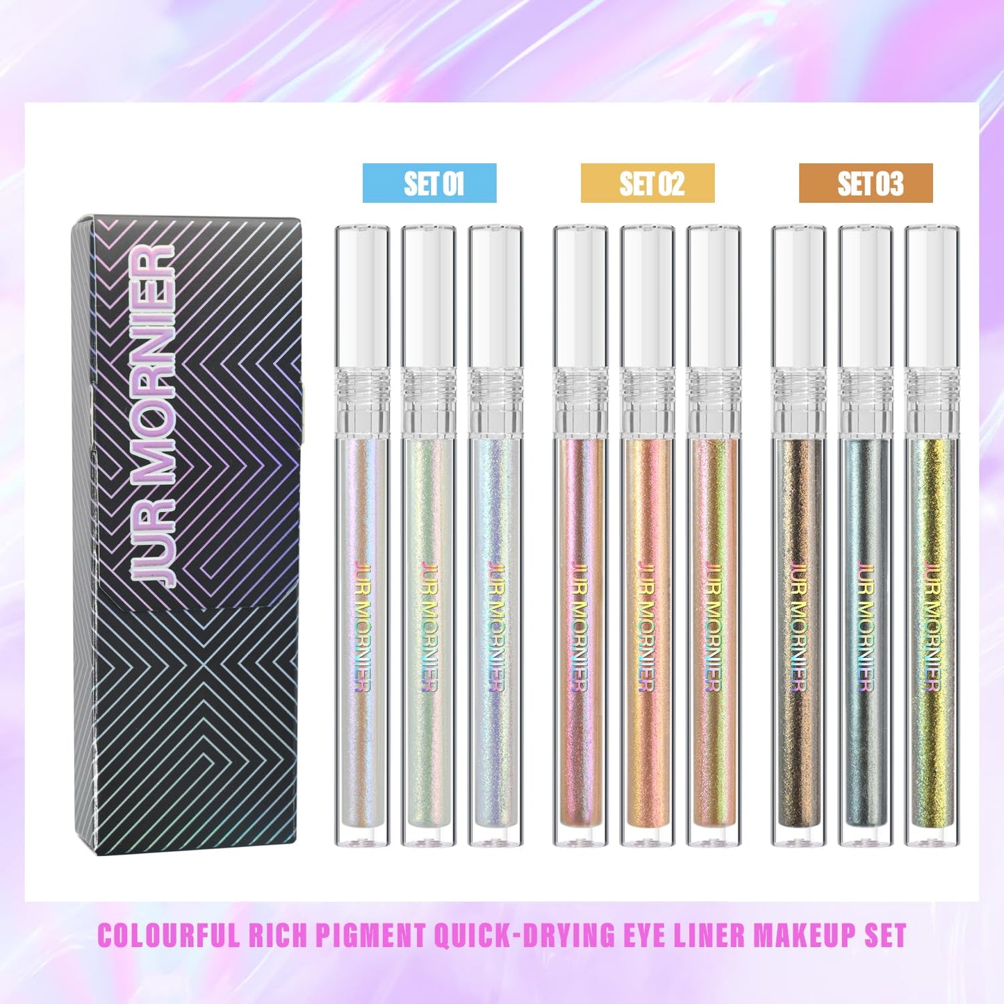 JUR MORNIER Multichrome Liquid Eyeshadow Set,3 Colors Multi-Dimensional Eye Liner Makeup,High Pigment Waterproof Metallic Eyeshadow,Ultre Fine Tip Glitter Eyeshadow (01 aurora+02 twilight+03 moonbow)