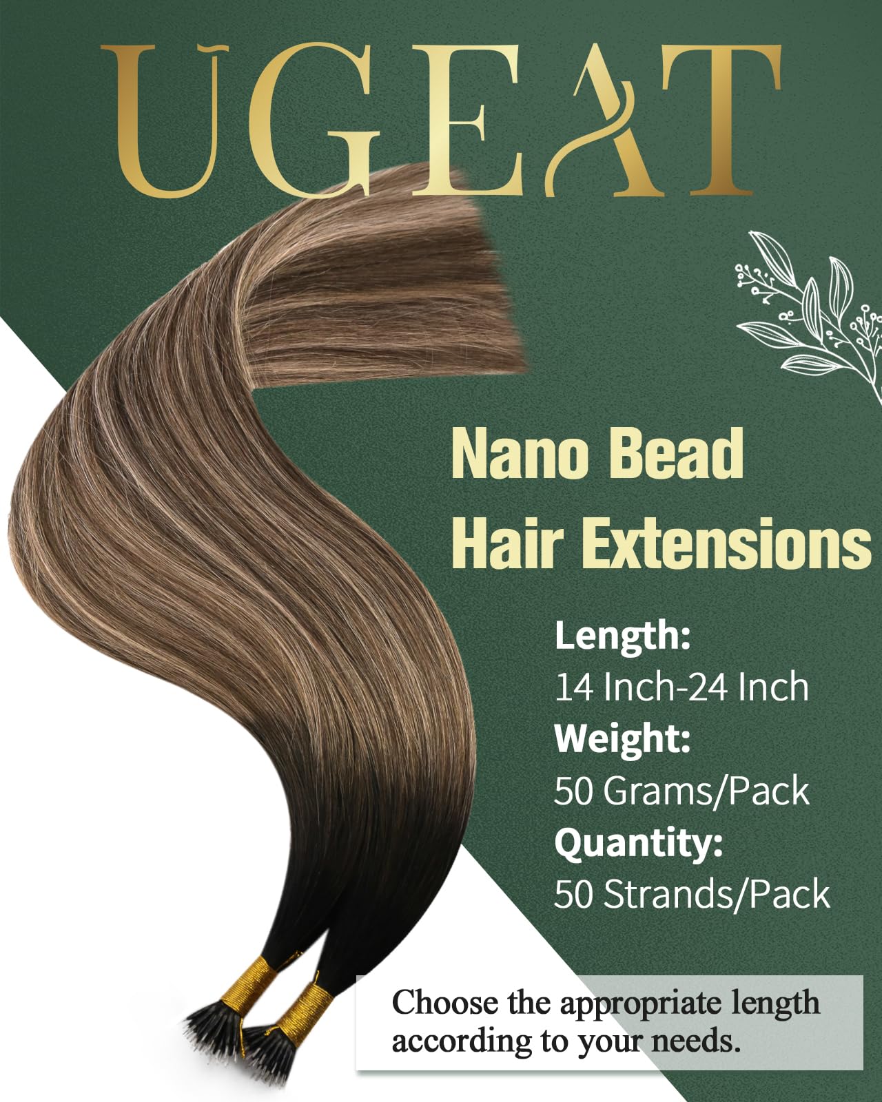 Ugeat Nano Tip Hair Extensions Human Hair Black Balayage Nano Link Hair Extensions Natural Black to Dark Brown Mix Caramel Blonde Balayage Nano Bead Hair Extensions for Women 14inch 50G 50S