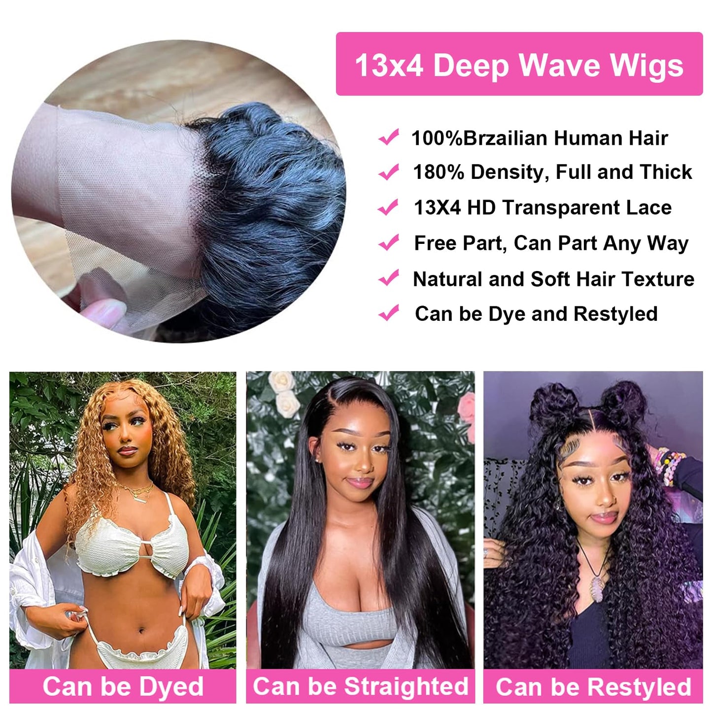 30Inch Deep Wave Lace Front Wigs Human Hair 13x4 HD Transparent Deep Curly Lace Frontal Wigs for Women Human Hair Pre Plucked with Baby Hair 180% Density Glueless Human Hair Wig Natural Color