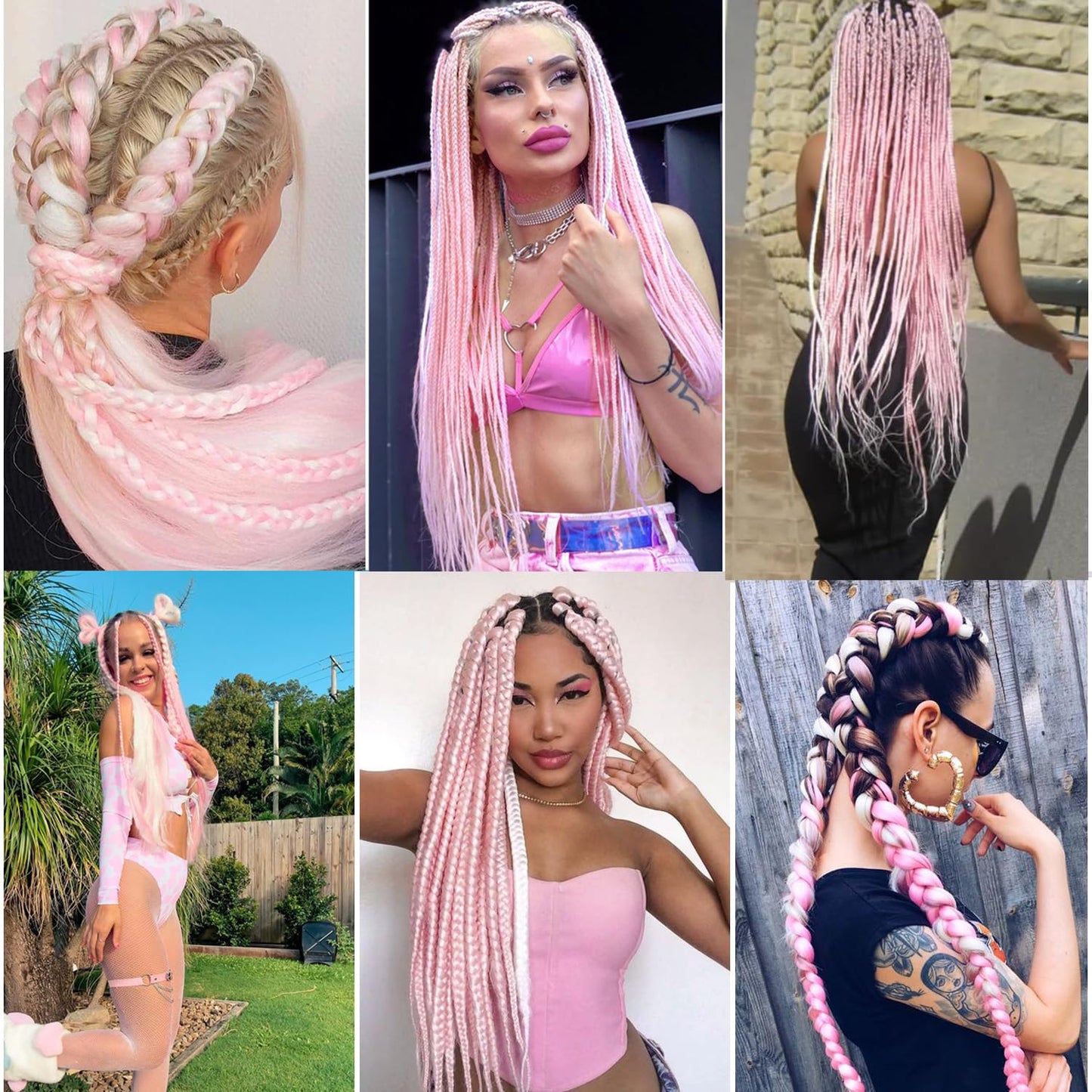24inch Colored Jumbo Braiding Hair Extensions 4Pack Colorful Synthetic Glow in the Dark(White/Pink)