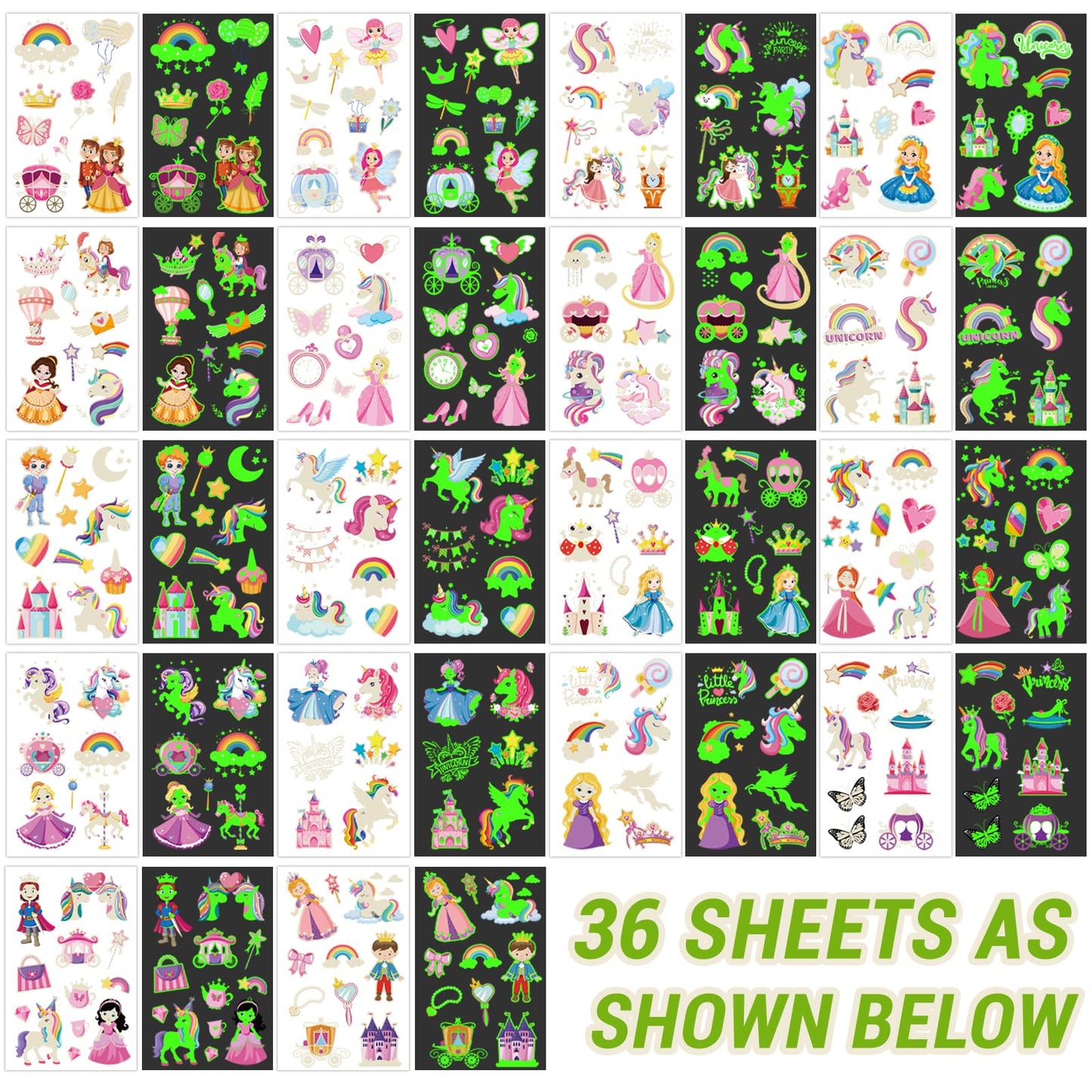 252+ PCS Glow Princess Temporary Tattoo for Kids, 36 Sheets Rainbow Castle Candy Star Prince Fake Tattoos Sticker for Girls Boys, Luminous Birthday Magic Fairy Theme Party Favors Decoration