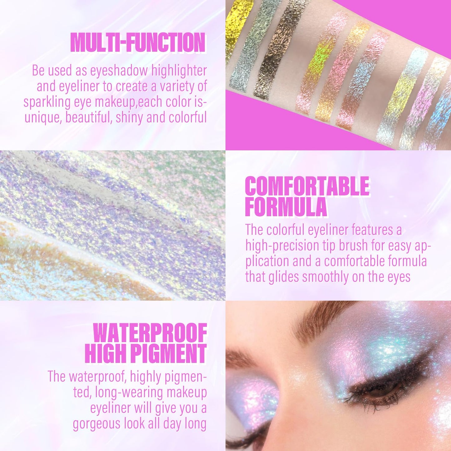 JUR MORNIER Multichrome Liquid Eyeshadow Set,3 Colors Multi-Dimensional Eye Liner Makeup,High Pigment Waterproof Metallic Eyeshadow,Ultre Fine Tip Glitter Eyeshadow (01 aurora+02 twilight+03 moonbow)
