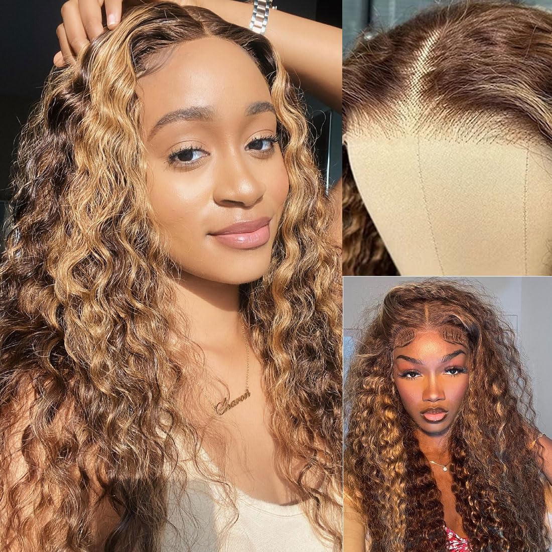 4/27 Highlight Honey Blonde Glueless Wigs Human Hair Pre Plucked Pre Cut 5x5 HD Lace Closure Ombre Wig Human Hair Curly Lace Front Wig Deep Wave Human Hair Wig Wear And Go Glueless Wig 24 inch