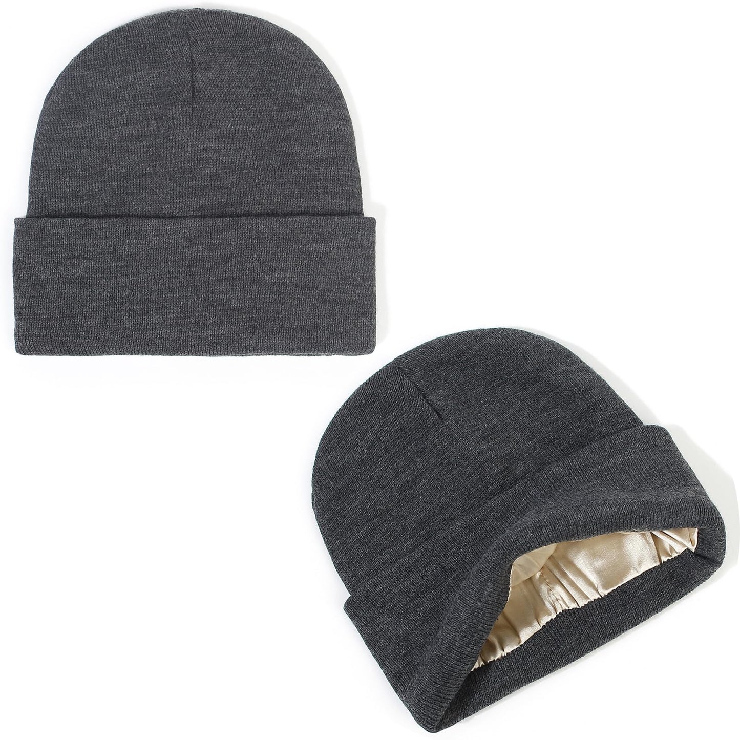 Unisex Satin Lined Winter Beanie for Women Men Silky Lining Slouchy Skull Cap Knitted Cuffed Skiing Knit Hat(Black & Dark Grey)