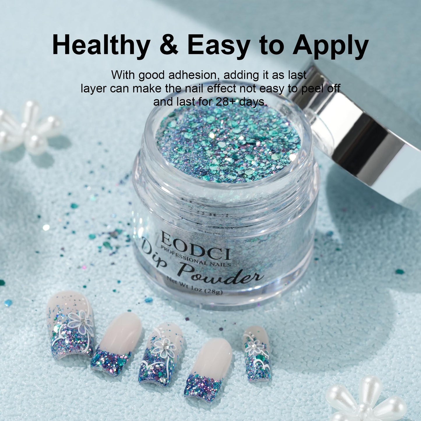 EODCI Glitter Chameleon Dark Blue Dip Powder, 1 Oz/28g Nail Dipping Powder for DIY Manicure Salon at Home Easy to Use Nail Dip Powder for Women Gift No Needed Nail Lamp Curing