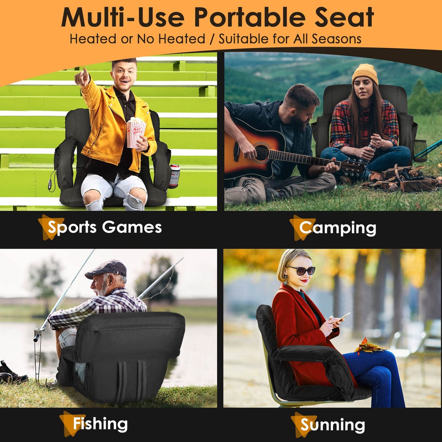 2pcs Double Heated Stadium Seats for Bleachers with Back Support 21" Wide Cushion, Extra Portable Bleacher Seat Foldable Stadium Chair, USB 3 Levels Heat, 5 Pockets for Outdoor Camping Games Sports