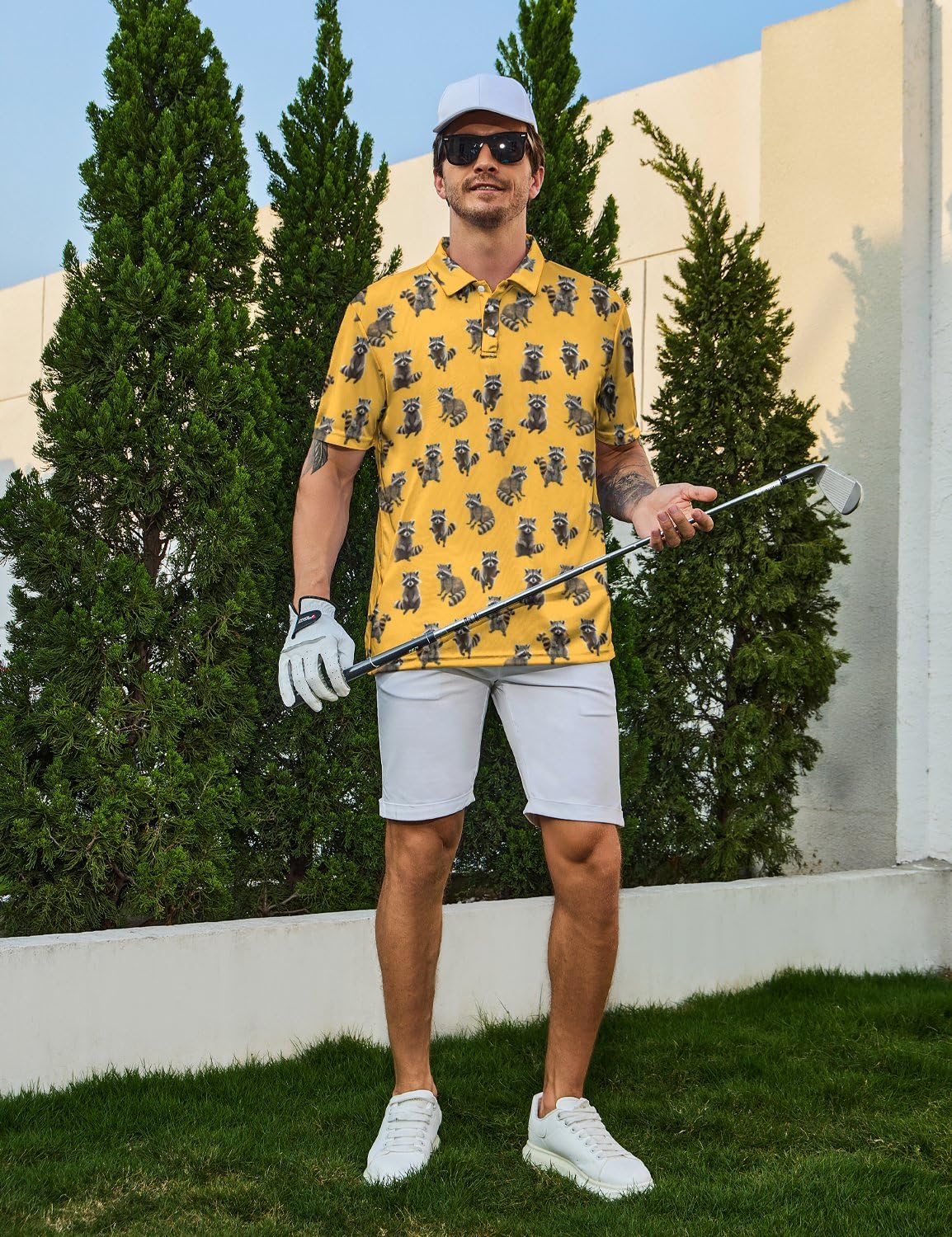 MSCPZH Raccoon Mens Golf Shirts Golf Polo Shirts for Men Short Sleeve Raccoon Polo Shirts Golf Gifts Raccoon Gifts