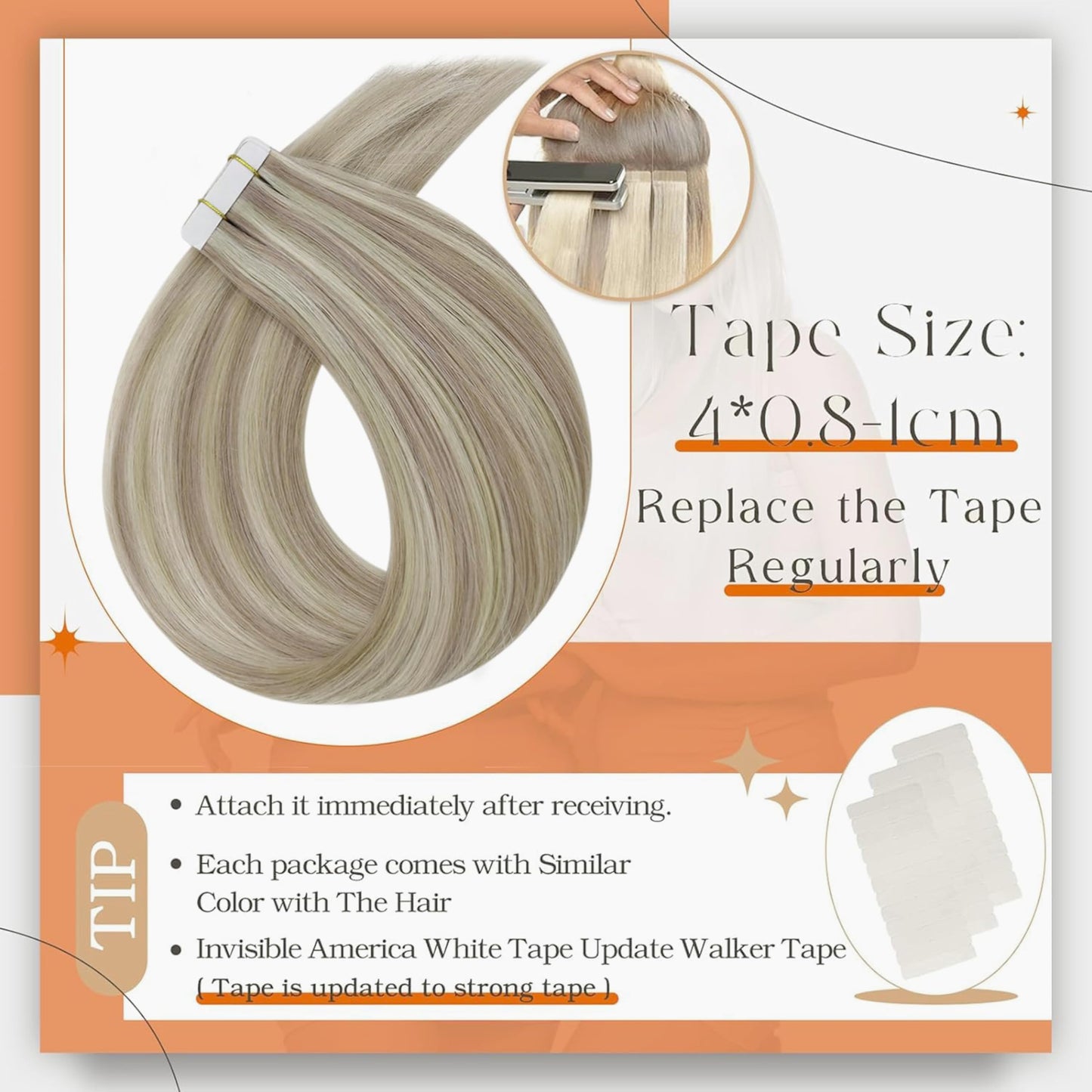 Full Shine Tape in Hair Extensions 12 Inch Remy Tape Hair Extensions 20pcs 30g Highlight Color 18 Ash Blonde And 613 Blonde Extensions for White Women Glue on Hair for Short Hair Extensions