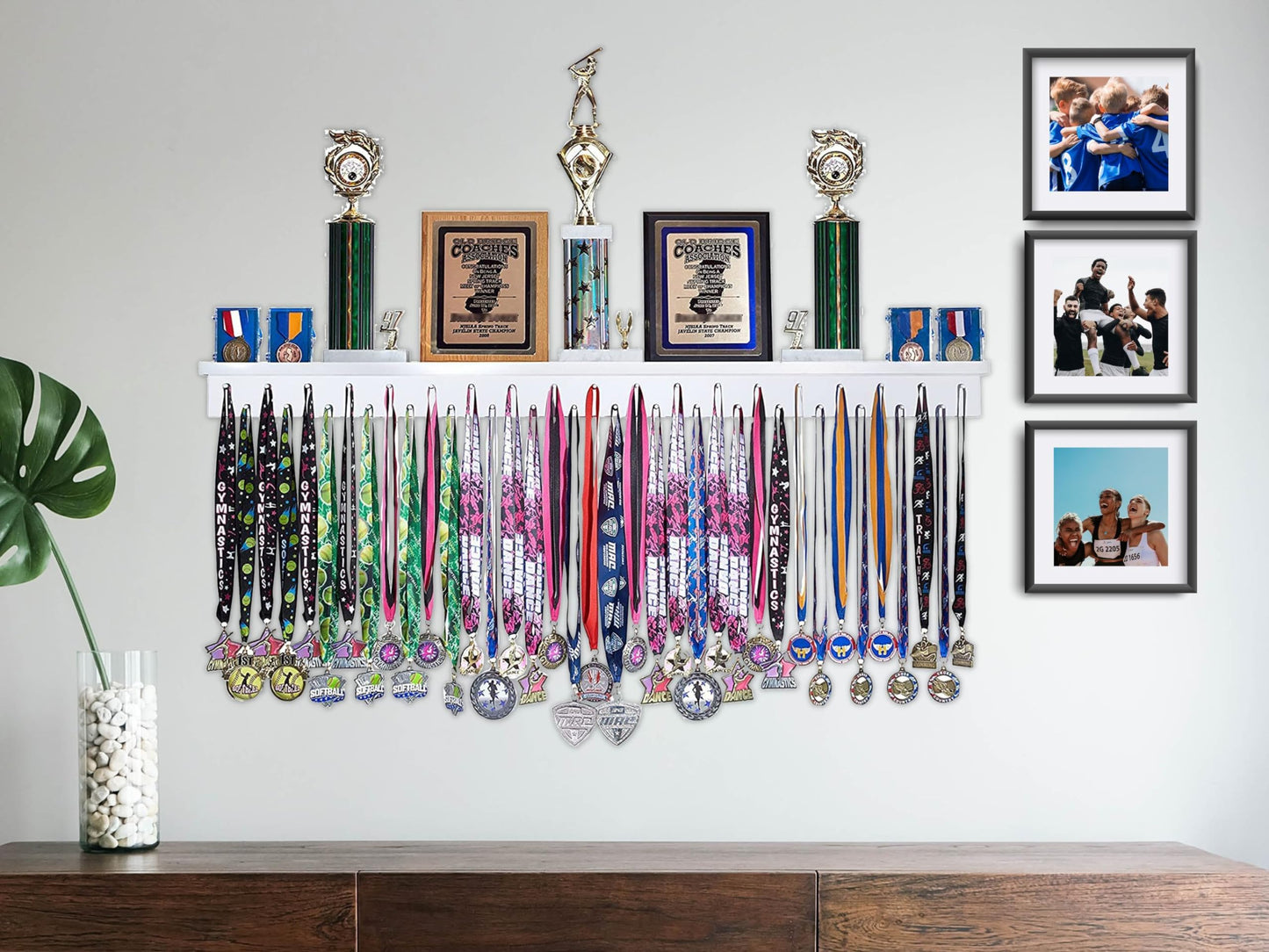 46.5"- Medal Awards Rack- The Largest Trophy Shelf and Medal Hanger Display - Multi-Sport Trophy and Medal Holder for Medal Display, Plaques, Pictures, Trophies, and More Solid Wood