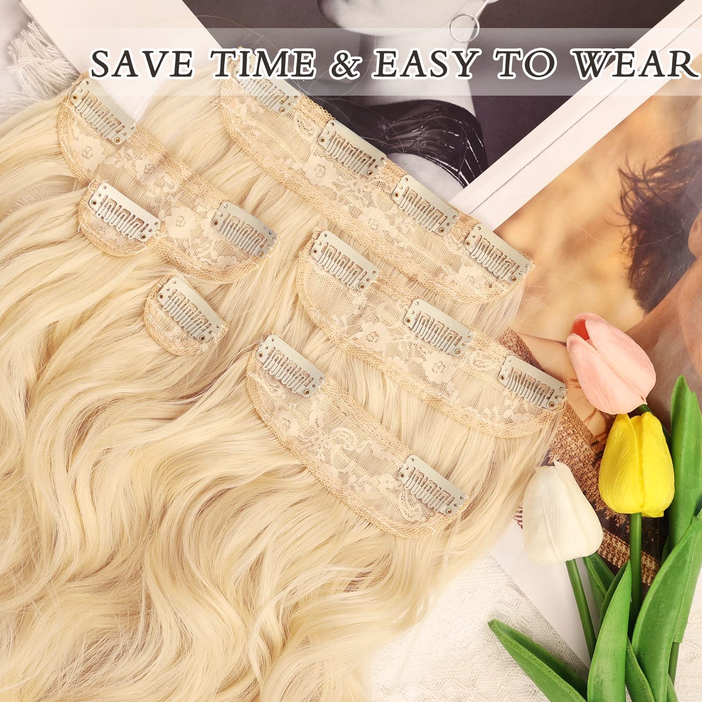 NAYOO Clip in Hair Extensions for Women 20 Inch Long Wavy Curly Light Blonde Hair Extension Full Head Synthetic Hair Extension Hairpieces (6PCS, Light Blonde)