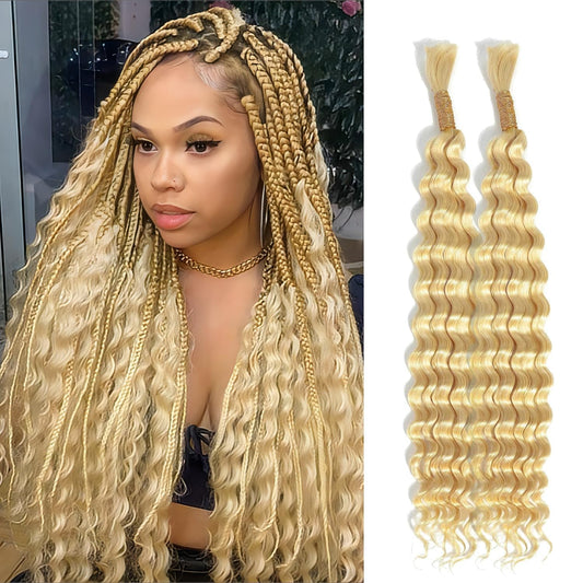 613 Blonde Human Braiding Hair 2 Bundle 100g 22 Inch Deep Wave Bulk Hair for Braiding Unprocessed Brazilian Virgin Curly Human Hair Extensions for Boho Braids Wet and Wavy