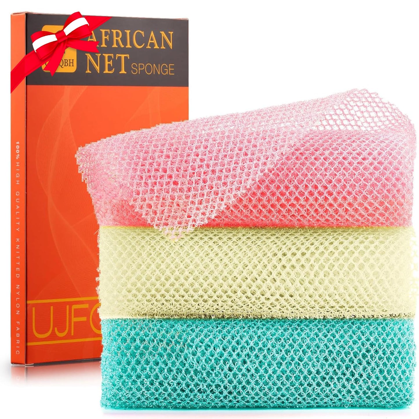 3 Pieces African Net Sponge, African exfoliating net African Net Long Net Bath Sponge Exfoliating Shower Body Scrubber Back Scrubber Skin Smoother(Pink, Green, Off-White)