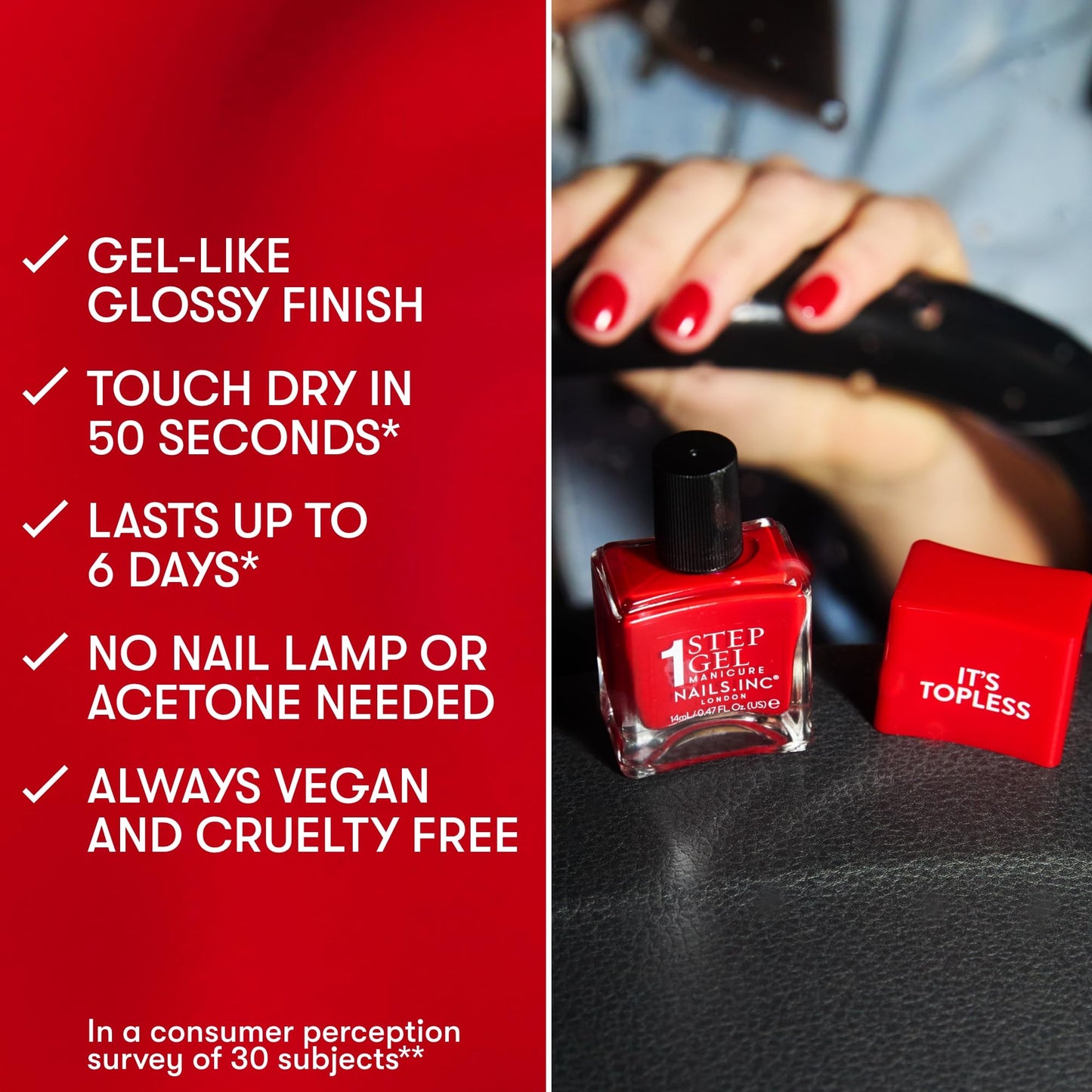 Nails Inc It's Topless Gel Nail Polish, 4-in-1 Base Coat, Treatment, Color & Top Coat, Long Lasting, Strong, Chip Free Nails, Glossy Salon Quality Manicure At Home, Vegan, Cruelty Free, Shade Miley