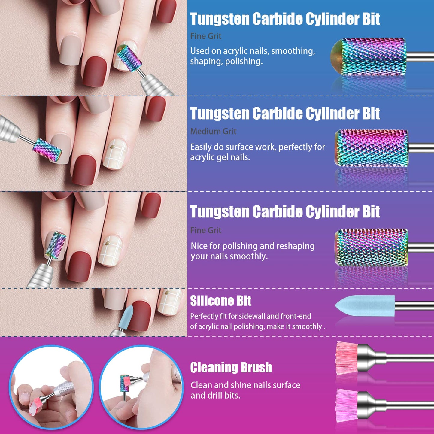 25Pcs Nail Drill Bits Set with Pink Holder and 50Pcs 8 Colors Sanding Bands, Tungsten Carbide Ceramic Diamond 3/32 inch Nail Drill Bits Remove Acrylic Poly Nail Gel Nail Polish