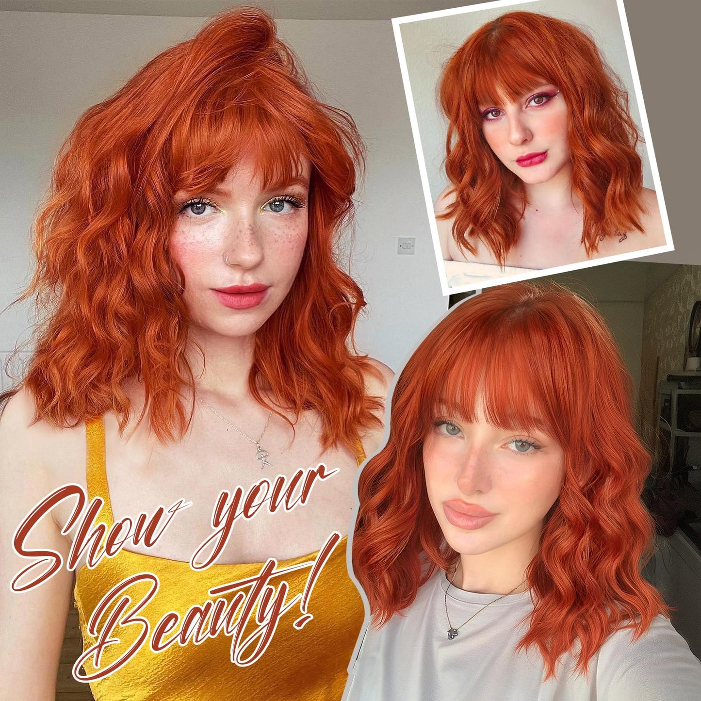 Nnzes Short Orange red Wavy Wig with Bangs for Women Shoulder Length Bob Curly Women's Charming Synthetic Wigs with Natural Wavy Wig Heat Resistant Hair for Daily Party Use