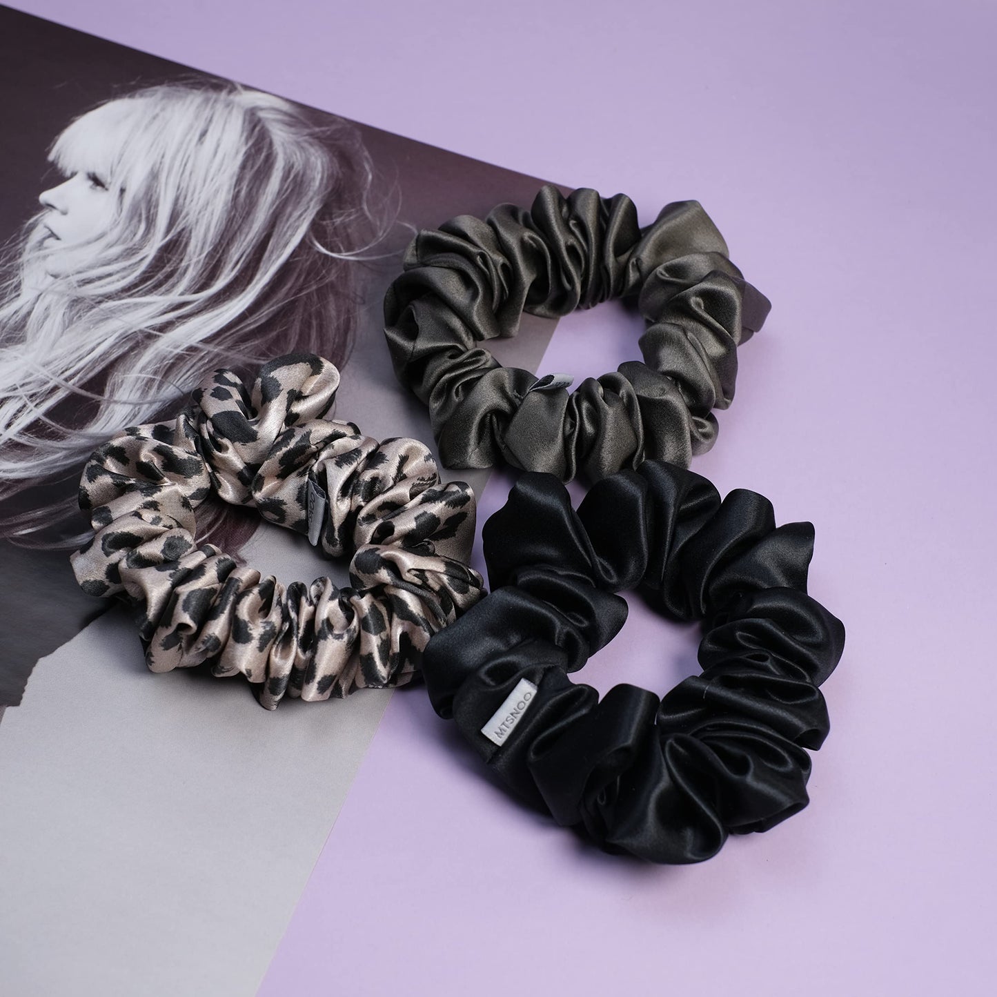 MTSNOO 100% Pure 22 Momme Mulberry Silk Scrunchies Set - Mini Scrunchies with Elastic Band for Curly Hair, 3 Pack Hair Ties and Ropes for Women and Girls