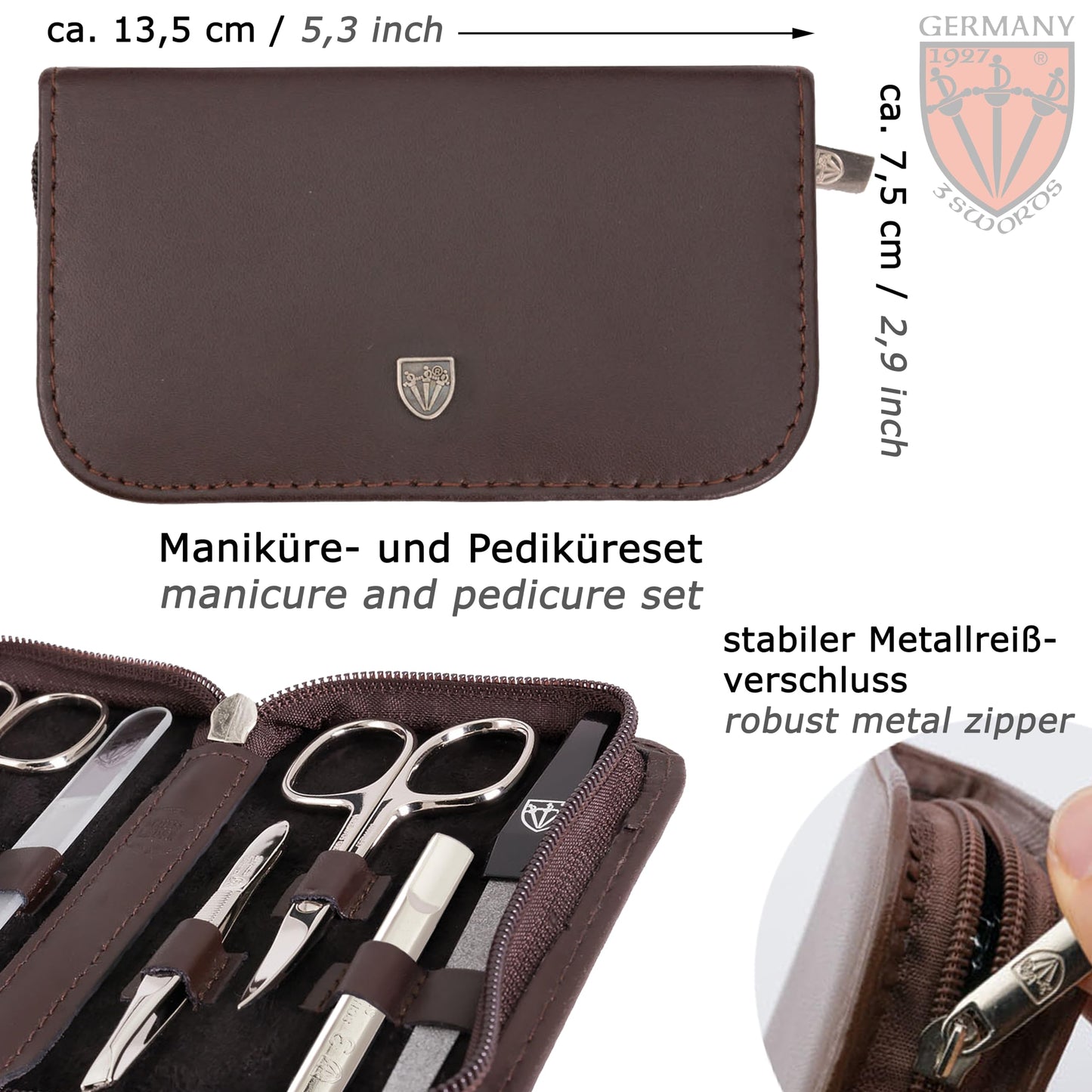 3 Swords Germany - brand quality 8 piece manicure pedicure grooming kit set for professional finger & toe nail care genuine leather case in gift box, Made in Germany