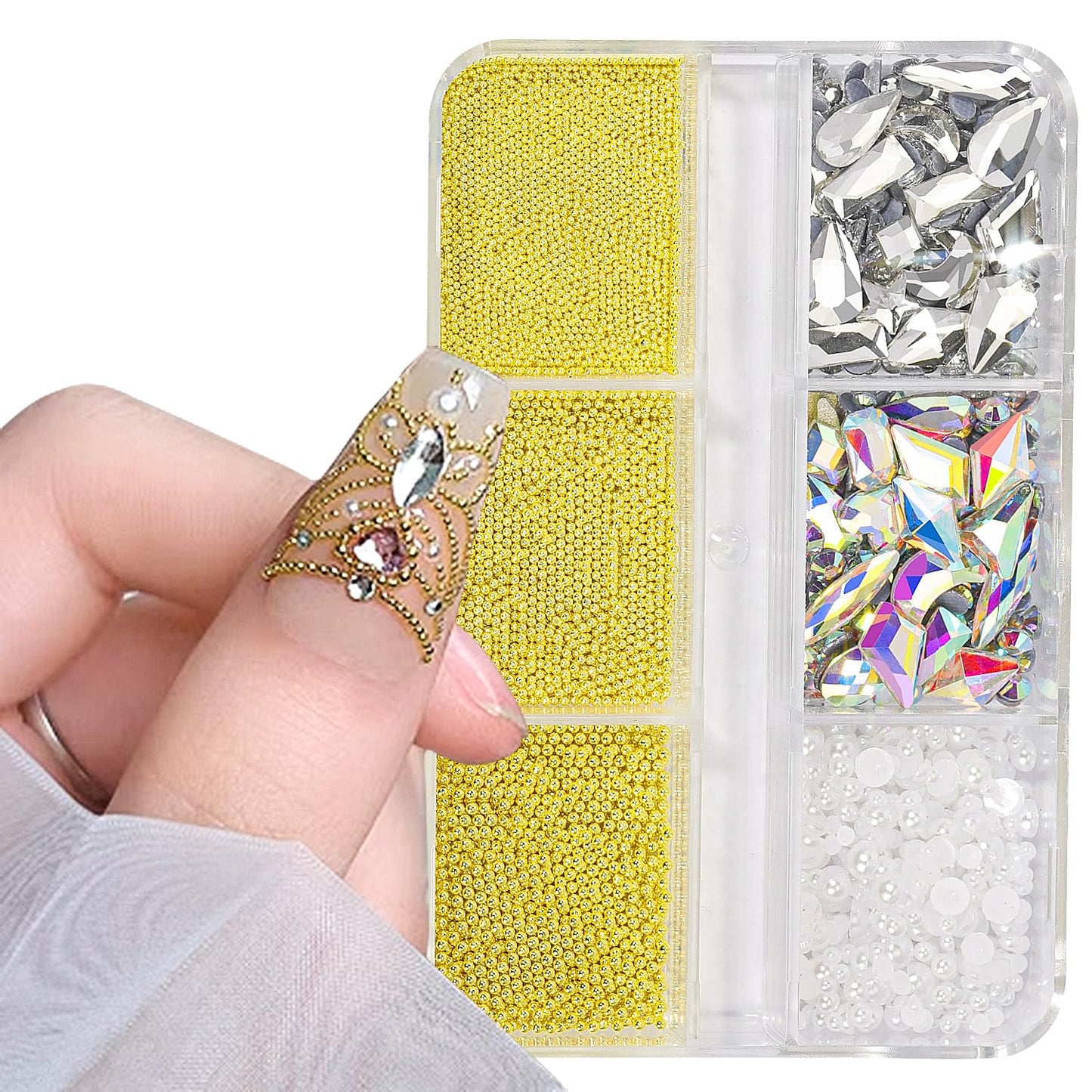 3D Nail Art Charms Gold Nail Micro Caviar Beads Rhinestones for Acrylic Nails Mix Size Multishape AB Nail Rhinestones Nail Crystal Studs Flatback Pearl Kit for Nail DIY Craft Decoration