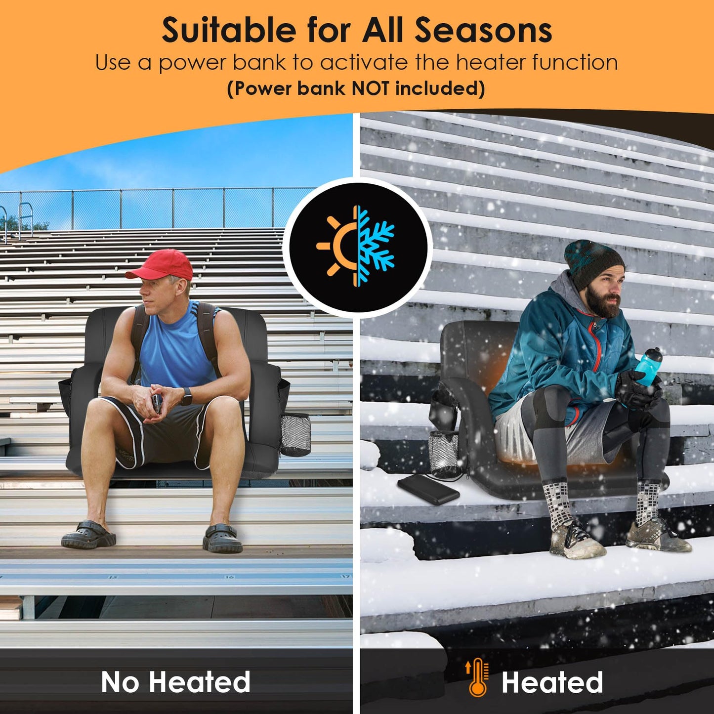 2pcs Double Heated Stadium Seats for Bleachers with Back Support 21" Wide Cushion, Extra Portable Bleacher Seat Foldable Stadium Chair, USB 3 Levels Heat, 5 Pockets for Outdoor Camping Games Sports