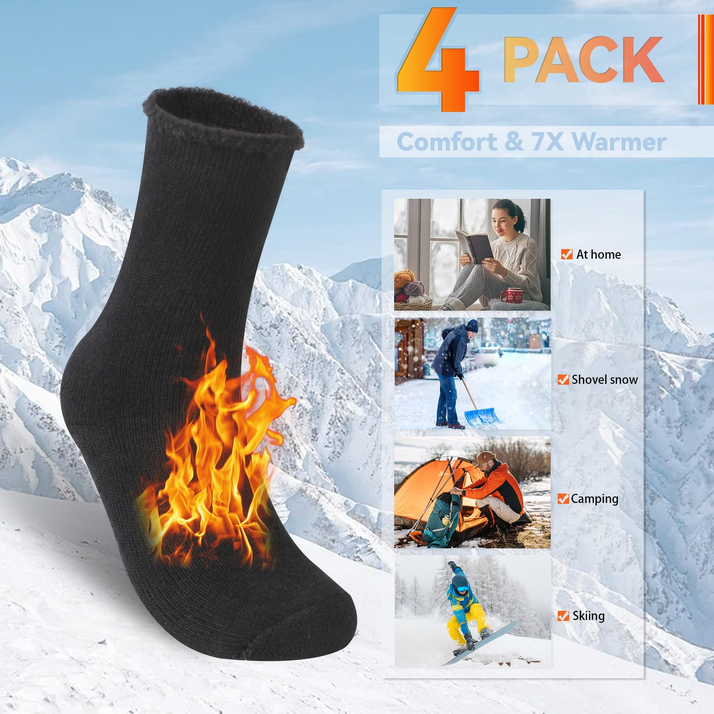Sunew Heat Warm Thermal Socks 4 Pack, Womens' Mens Heated Socks for Hunting Winter Outdoor Comfortable Skiing Snowboarding Hiking Working Thermal Snow Socks Men Socks for Cold Weather Black Large