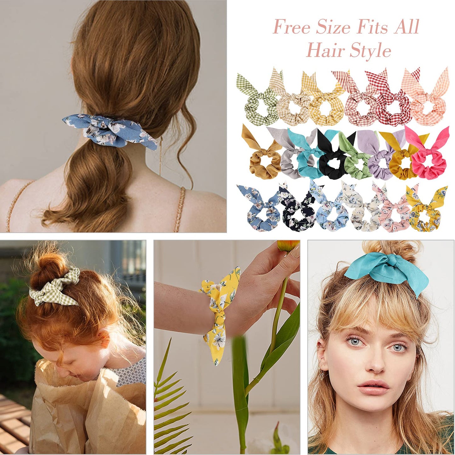 ACO-UINT 20 Pack Satin Scrunchies - Thick Hair Ponytail Holders with Bunny Ear Design, Women's Hair Accessories