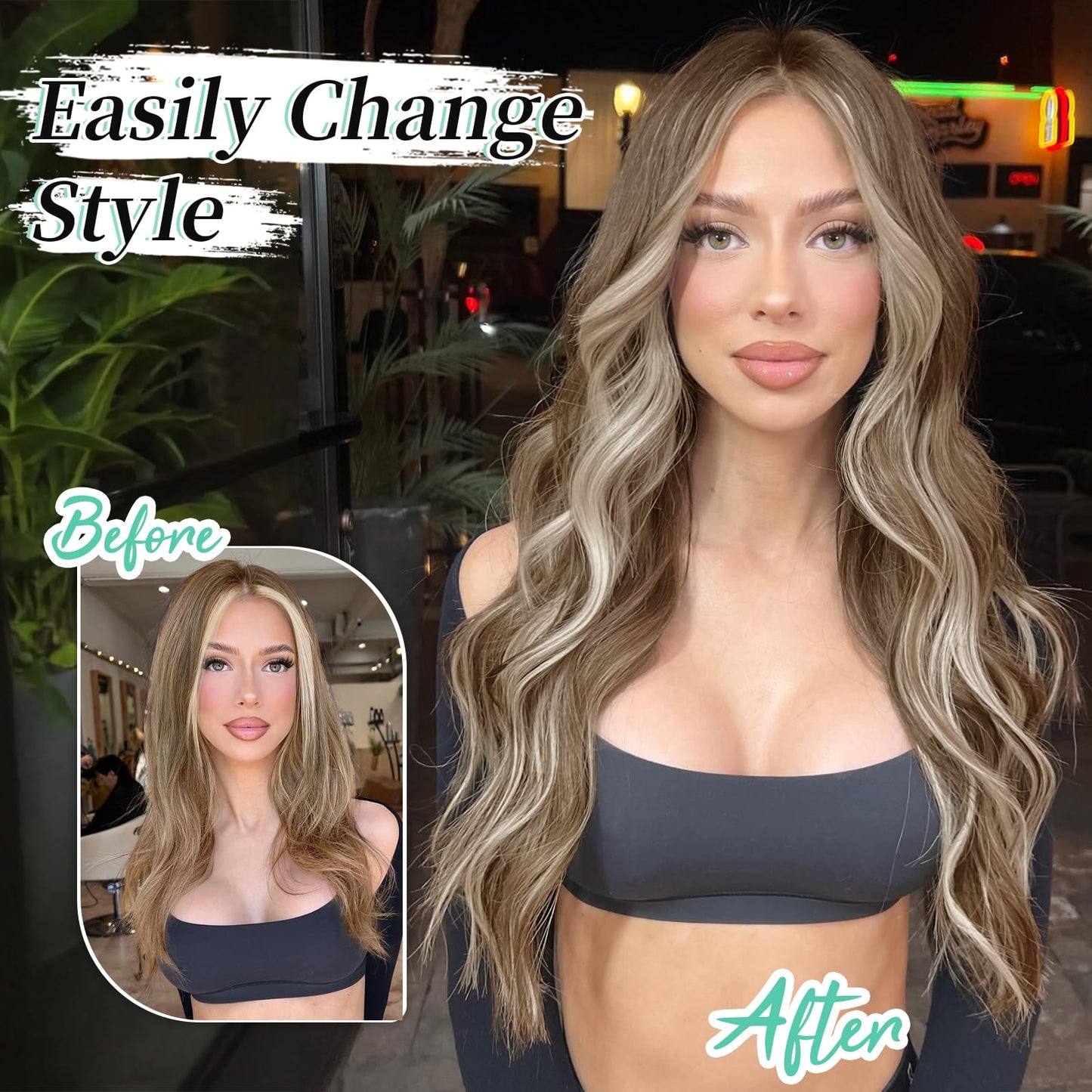 KooKaStyle Clip in Synthetic Hair Extensions Long Wavy 4PCS Thick Hairpieces Brown mix Ash Blonde P10/88 Fiber Double Weft Natural Hair Extensions 20 Inch for Women