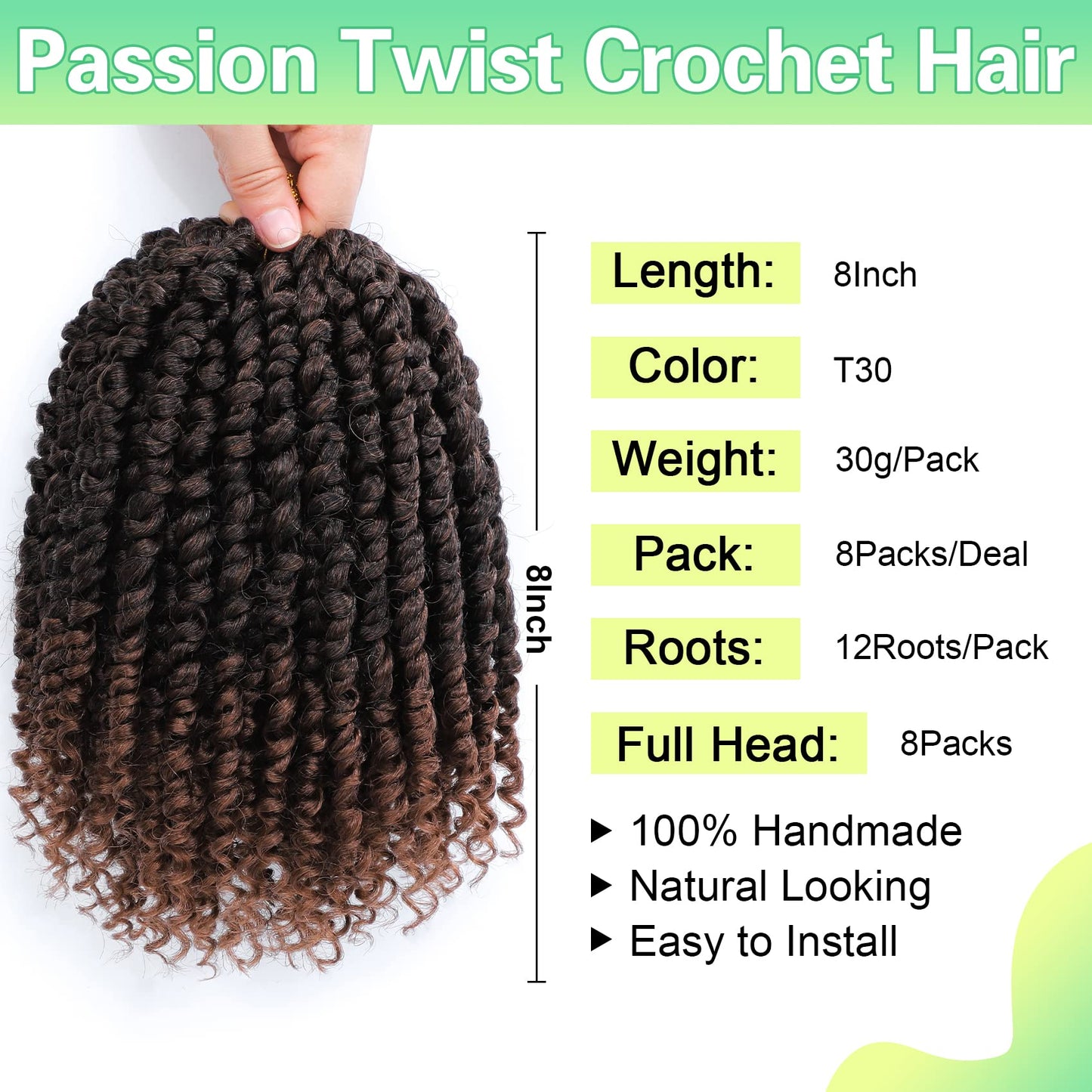 Passion Twist Crochet Hair 8Inch Passion Twist Hair 8 Packs Pre Looped Passion Twist Curly Crochet Hair Short Crochet Hair for Black Women Extensions (T30-8pack)β¦