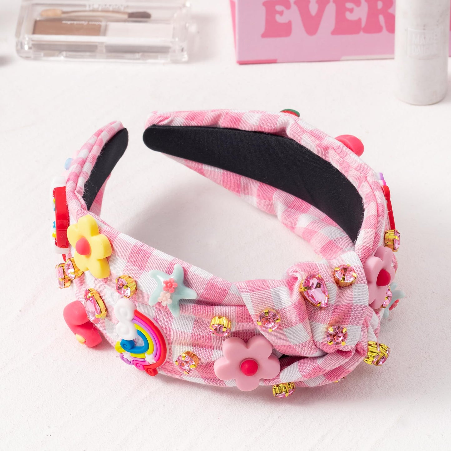 PANTIDE Floral Jeweled Knotted Headband - Rainbow Rhinestone Crystal Embellished Headband Non Slip Wide Top Knot Fashion Hairband Accessories Spring Summer Birthday Gift for Women Girls (Pink Plaid)
