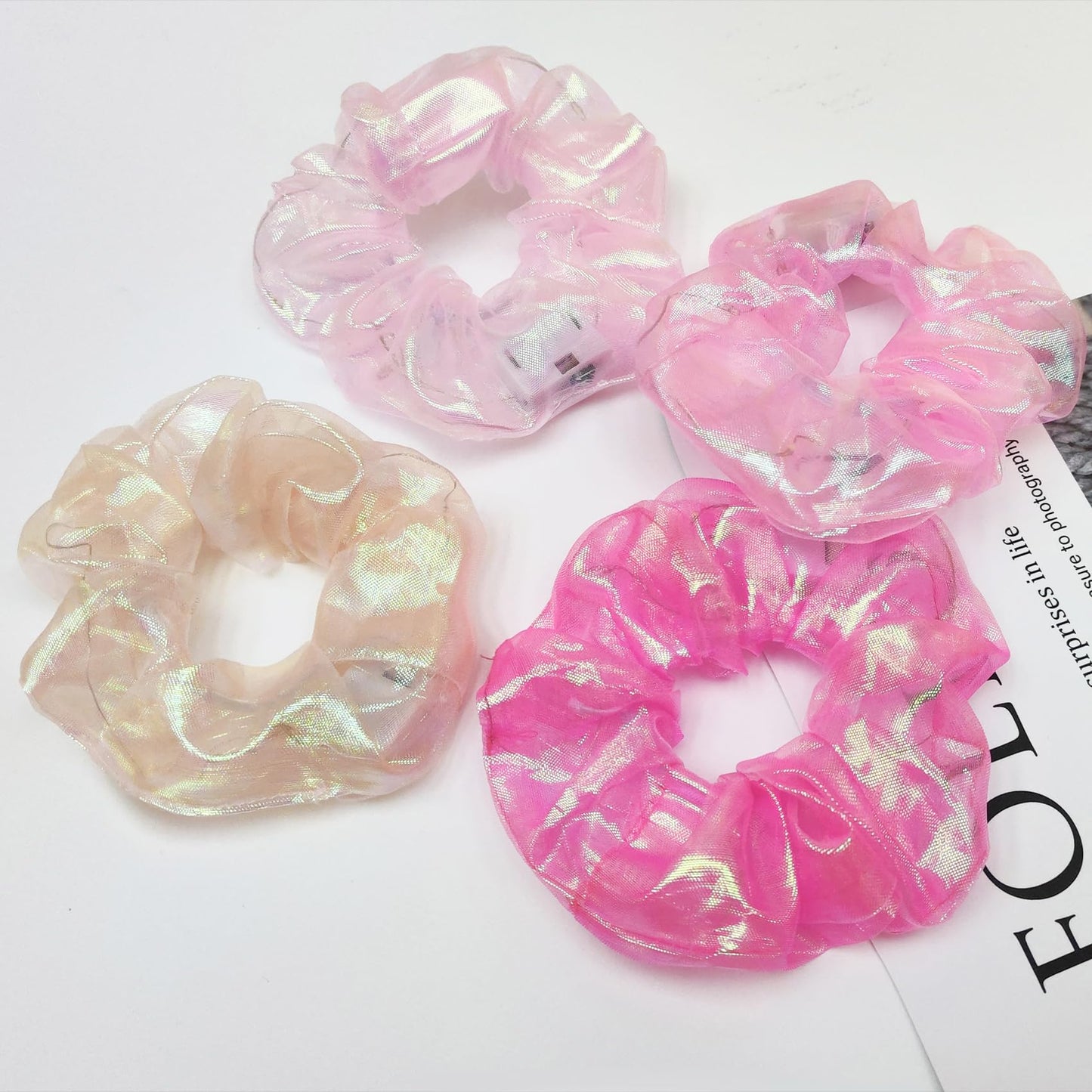 4Pcs Light Up Scrunchies Hair Tie, Pink LED Scrunchy Rave Hair Accessories for Women & Girls, Glow in the Dark Party Supplies Sleepover Party Favor Festival Accessory for Easter Basket Stuffers