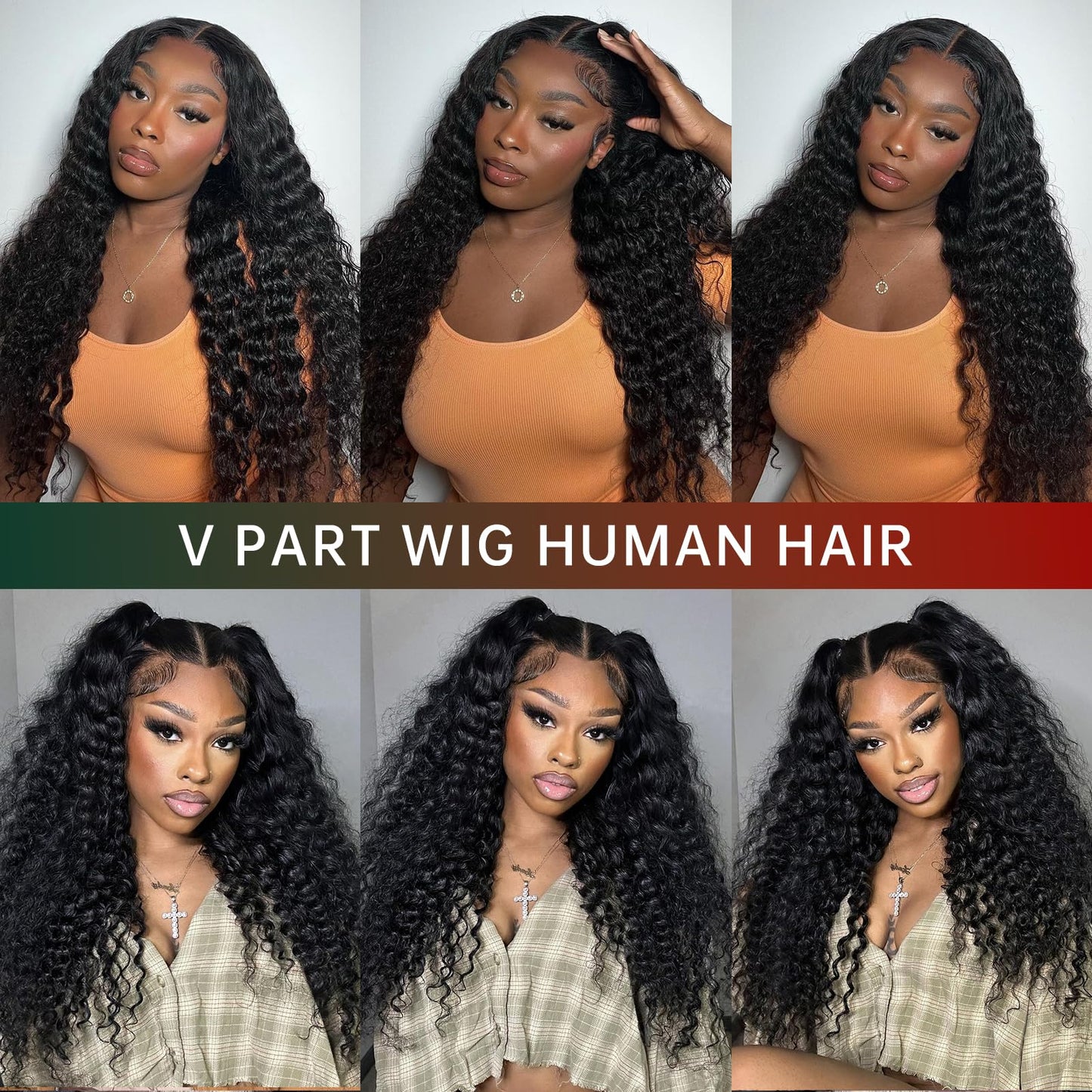 MEGALOOK V Part Wig Human Hair 12A Deep Curly Wig Human Hair 200% Density Half Wigs for Women Glueless U Part Wig with Clip Beginner Friendly No Sew In No Glue 18 Inch