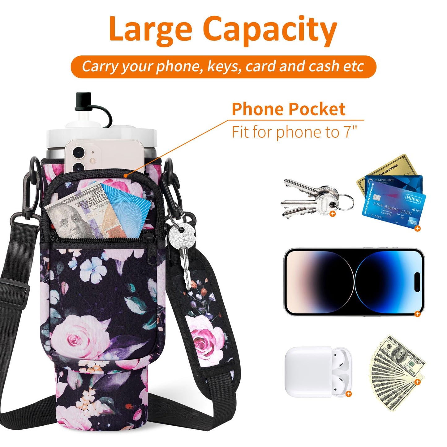 Water Bottle Carrier Bag with Paracord Handle for Stanley 30 oz Tumbler Neoprene Insulated Mug Sleeve Sling with 2 Pockets & Adjustable Strap & Straw Cap for Stanley Cup Accessories-Black Flower