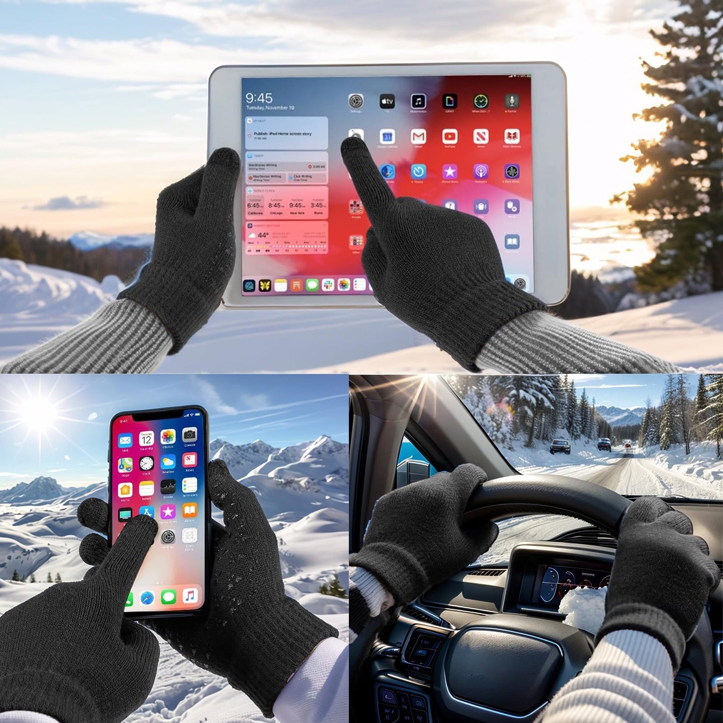 ABUDDER 6 Pieces Winter Beanie Hat Scarf Gloves Set for Men and Women,Knitted Cap Winter Hat Touchscreen Gloves Neck Warmer Set