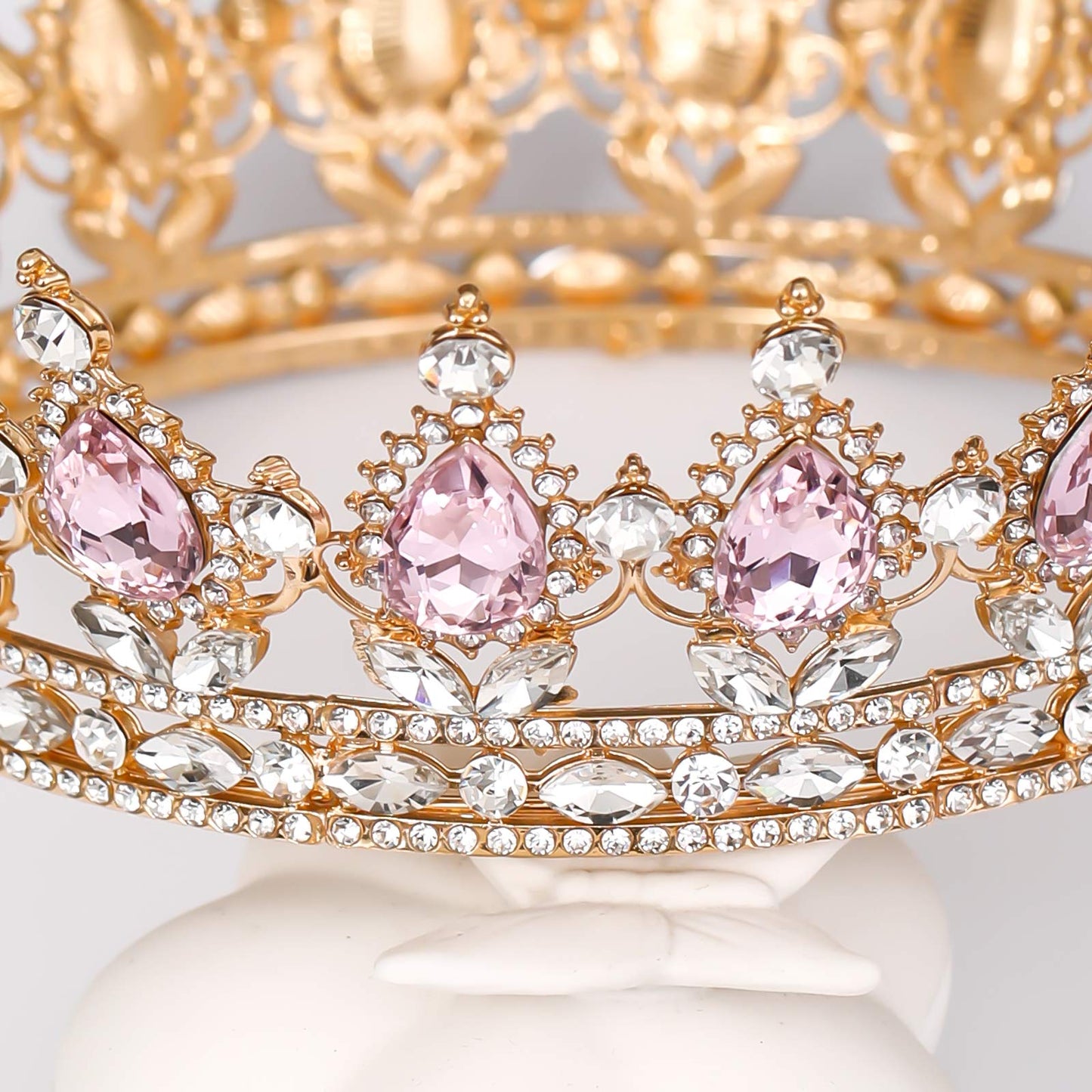 FORSEVEN Queen Crown Rhinestone Wedding Crowns and Tiaras for Women Costume Party Hair Accessories Princess Birthday Crown Crystal Bridal Crown (Gold+Pink)