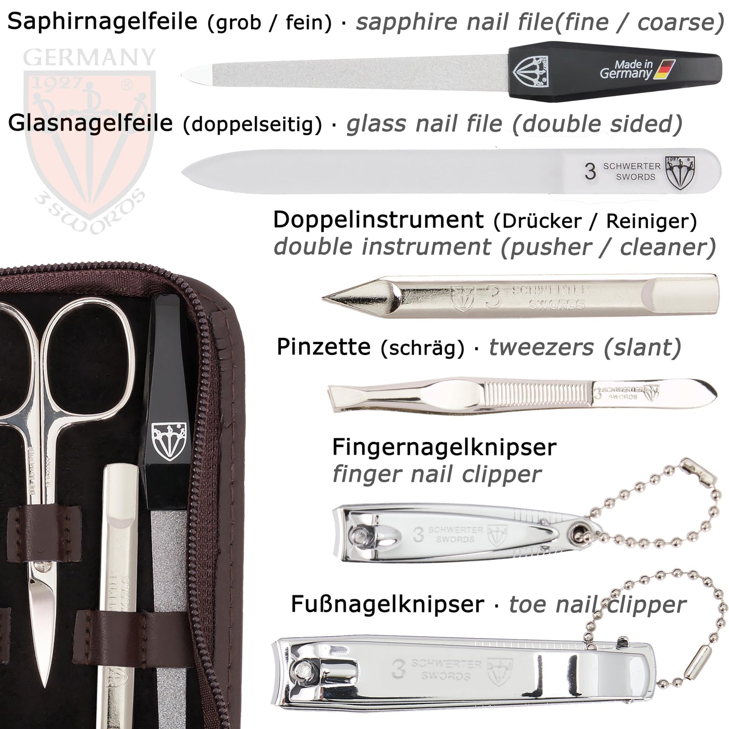 3 Swords Germany - brand quality 8 piece manicure pedicure grooming kit set for professional finger & toe nail care genuine leather case in gift box, Made in Germany