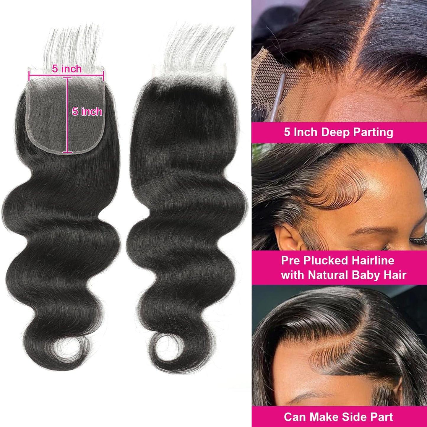 5x5 HD Lace Closure Human Hair Body Wave Closure No Bleached Knots Invisible Lace Closure Pre Plucked Brazilian Virgin Human Hair Frontal Closure Natural Black 18 Inch