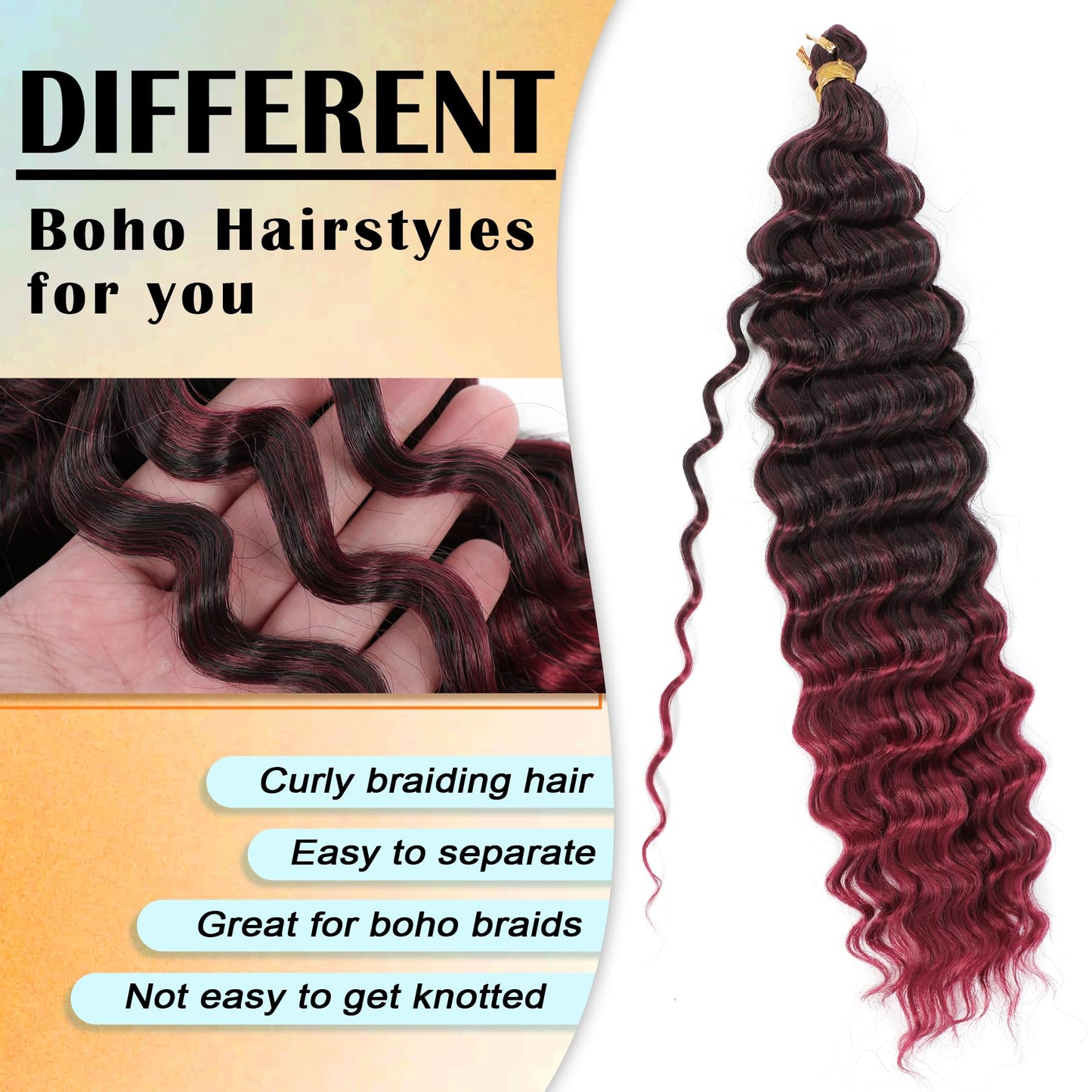 Eerya Ocean Wave Crochet Hair 18 Inch 6 Packs Deep Wave Crochet Hair for Black Women Synthetic Wavy Curly Braiding Hair for Boho Braids (18 inch,T1B/Burgundy)