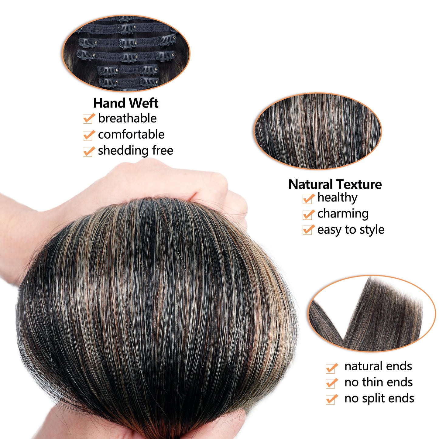 FB27 Highlight Ombre Clip In Hair Extensions Real Human Hair Straight Clip In Black to Blonde Human Hair Extensions Balayage Clip ins Remy Hair for Women 8Pcs with 18Clips Lace Weft 120g 20inch
