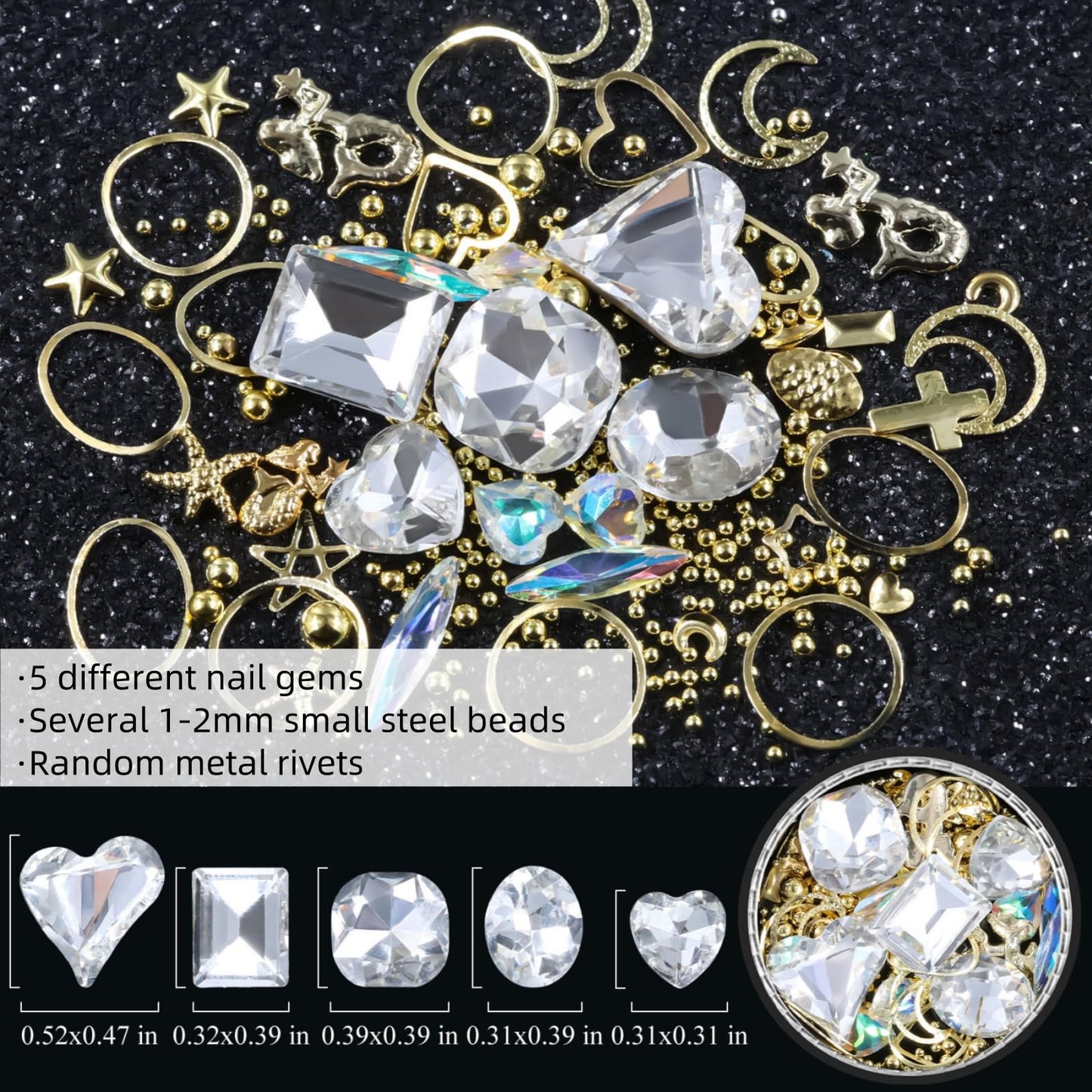 6 Wheels Mixed Sparkle Nail Art Rhinestones Diamonds Crystals Butterfly Beads Artificial Pearls Gold Silver Nail Studs Gems Metal Hollow Rivets Charms (Kit-5)