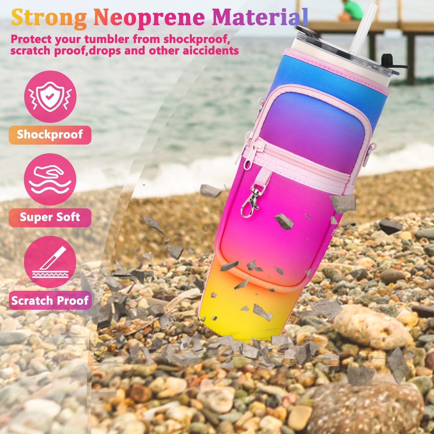 Water Bottle Carrier Bag with Phone Pocket Compatible with Stanley/Meoky 40 oz Tumbler with Handle,Neoprene Water Bottle Holder Pouch with Adjustable Strap Compatible with Stanley Cup Accessories