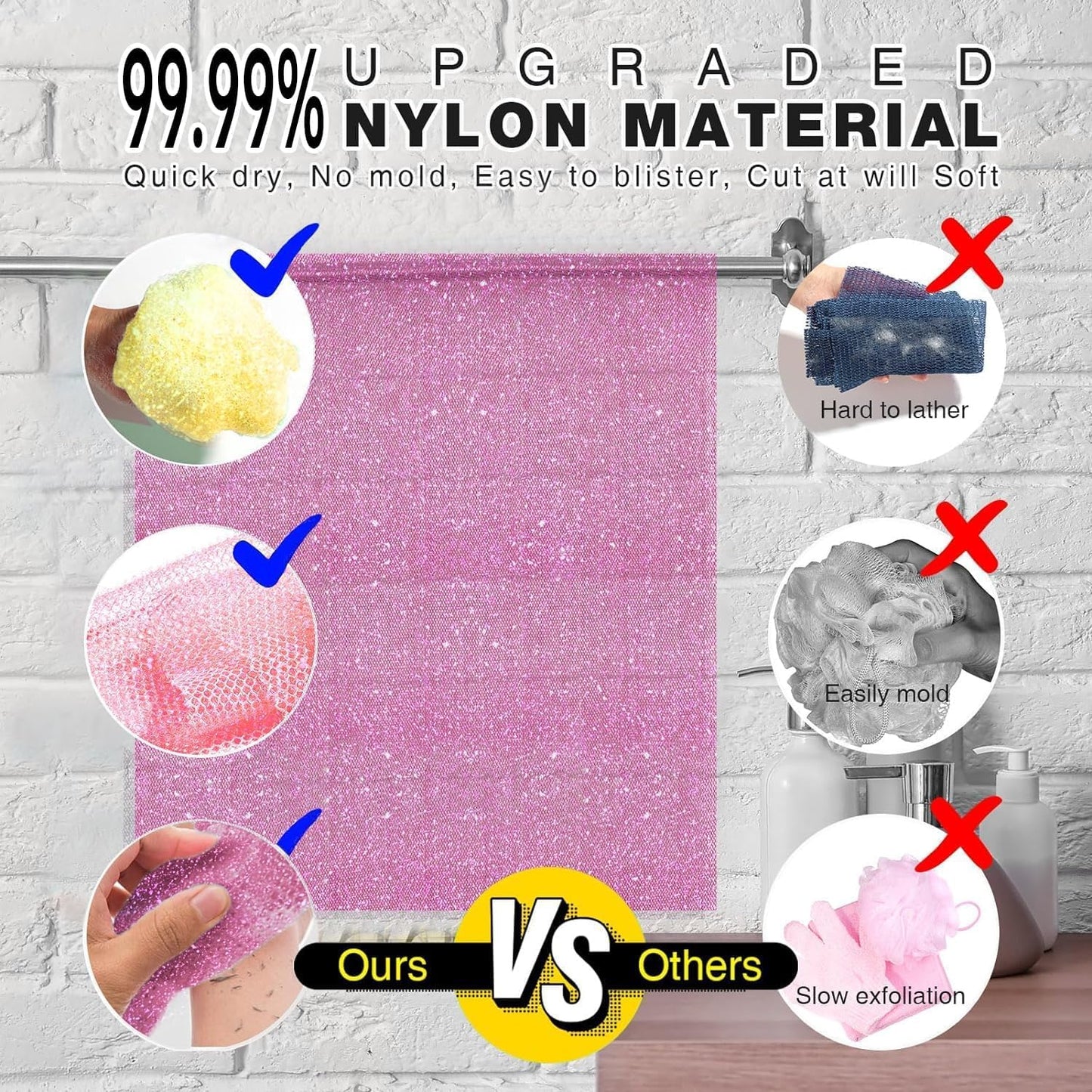3 Piece Bright Style African exfoliating net Exfoliating Shower Set Long Bath Sponges for Smooth, Refreshed Skin, The Exterior Gleams - Ideal for Daily Use (Bright Yellow, Pink, Purple)