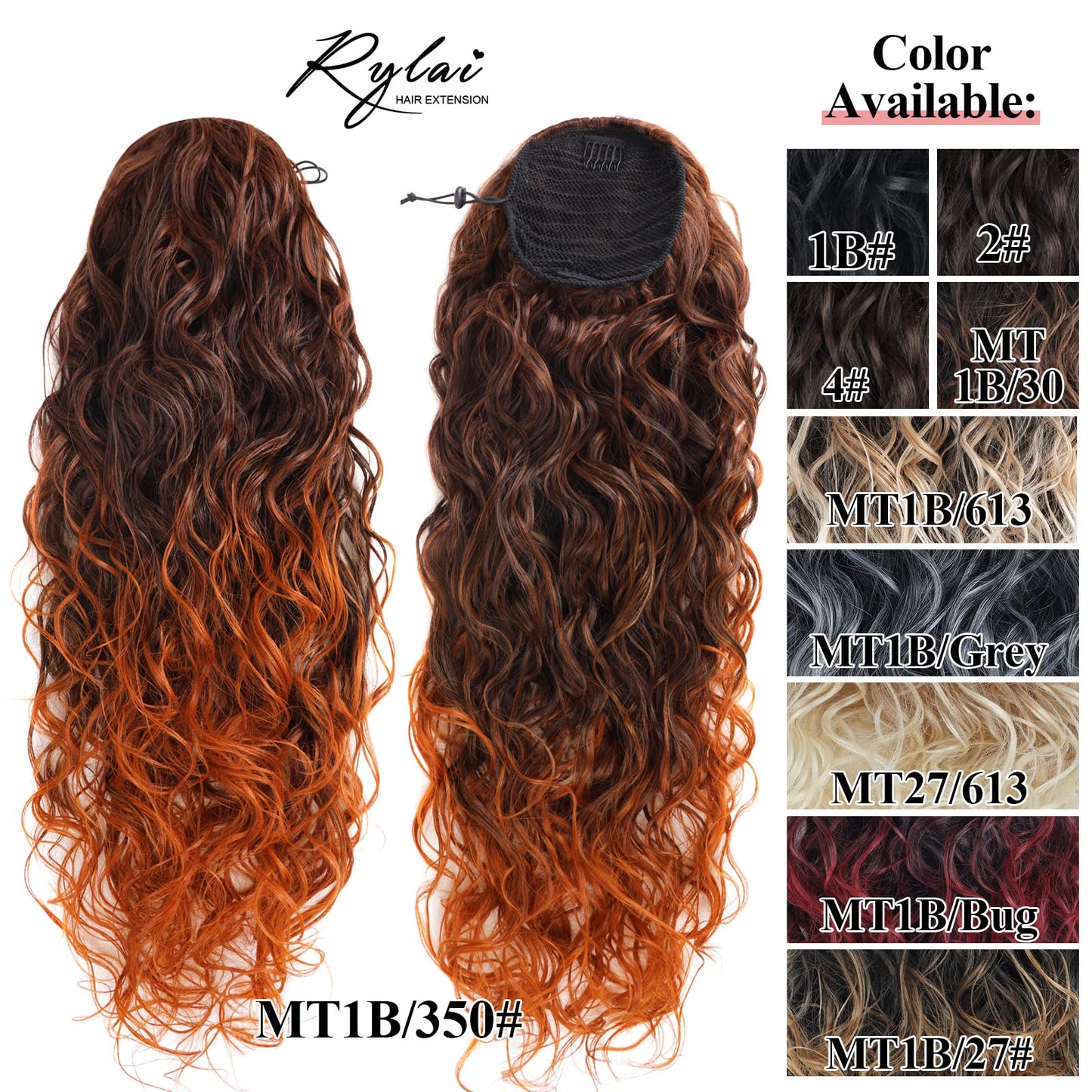 Copper Ginger 350 Ombre Ponytail Extensions - Long Curly Wavy Thick Hair Extainson Ponytail Wavy Clip in Ponytail Extensions Blonde Drawstring Ponytail for Black Women #1B/350 6 OZ