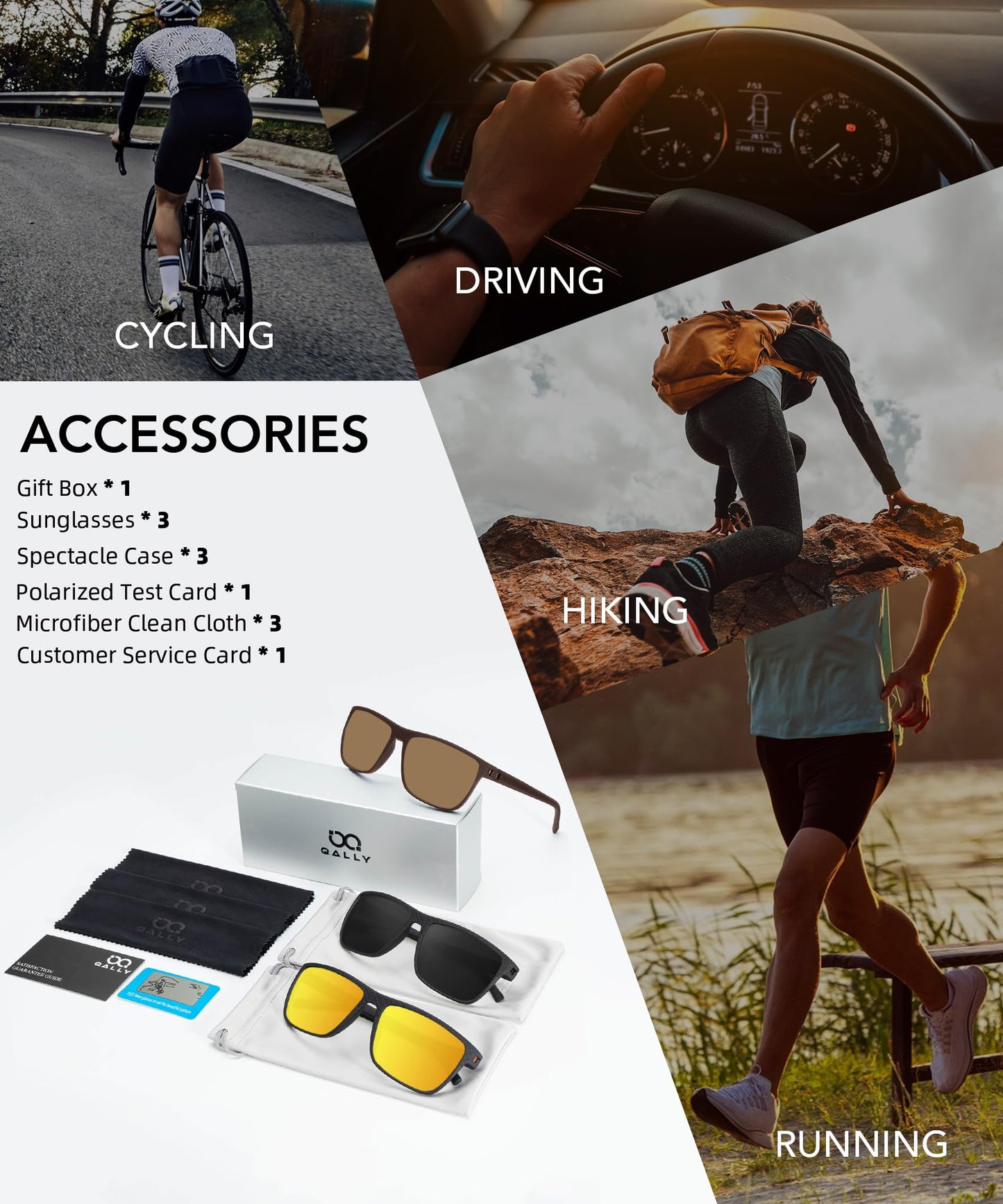 QALLY Night Vision Glasses Men, Polarized Sunglasses Men with UV protection Lightweight Sun Glasses for Driving Fishing Golf