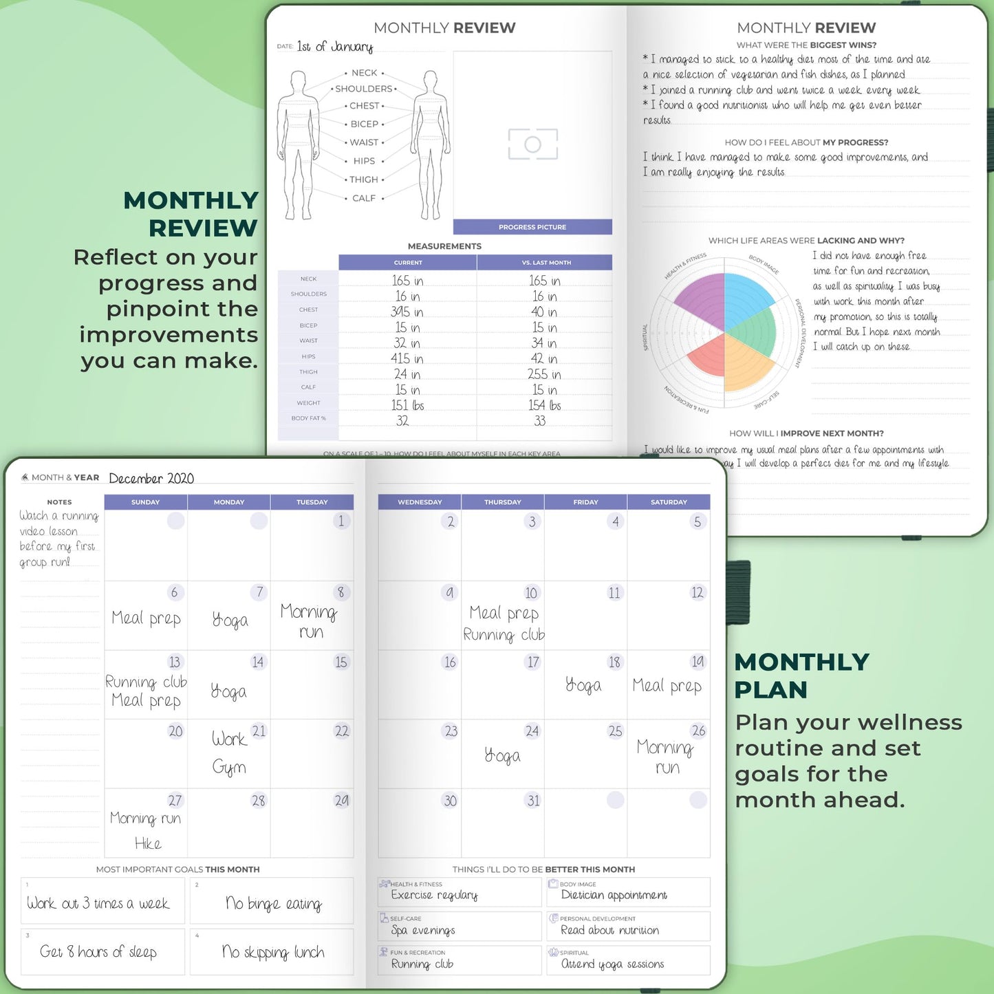 Clever Fox Fitness & Food Journal – Nutrition & Workout Planner for Women & Men – Diet & Gym Exercise Log Book with Calendars, Diet & Training Trackers - Undated, A5 Size, Hardcover (Forest Green)