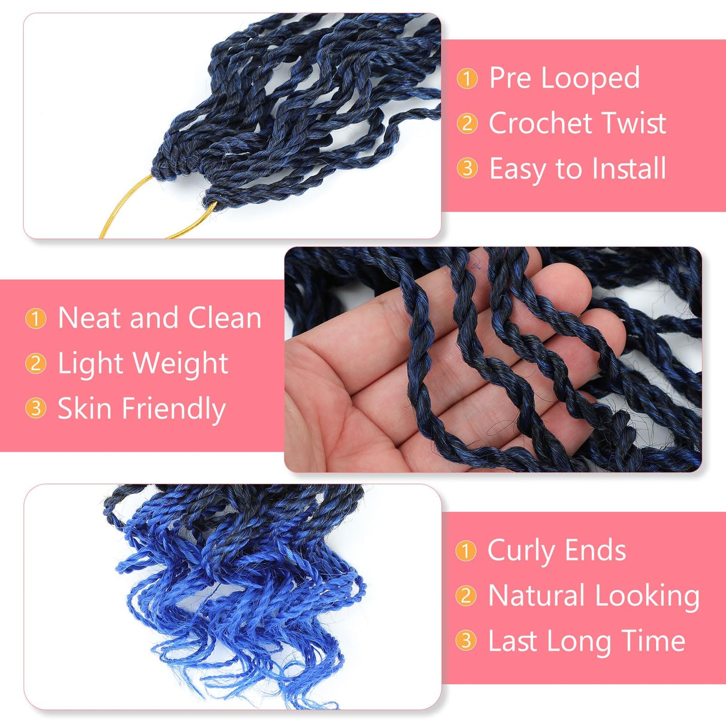 Wavy Senegalese Twist Crochet Hair For Black Women 8 Inch 10 Packs Senegalese Twist Braiding Hair Crochet Twists Pre Looped Twist Crochet Hair Curly Crochet Twist Hair With Curly Ends(1B/BLUE)