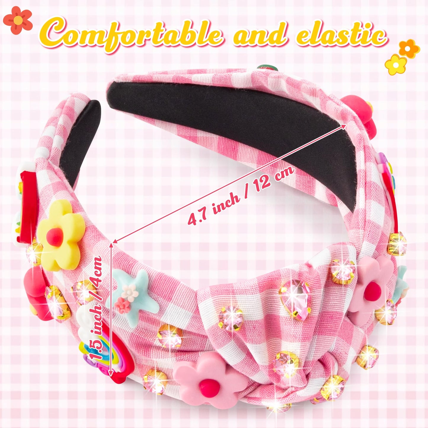 PANTIDE Floral Jeweled Knotted Headband - Rainbow Rhinestone Crystal Embellished Headband Non Slip Wide Top Knot Fashion Hairband Accessories Spring Summer Birthday Gift for Women Girls (Pink Plaid)