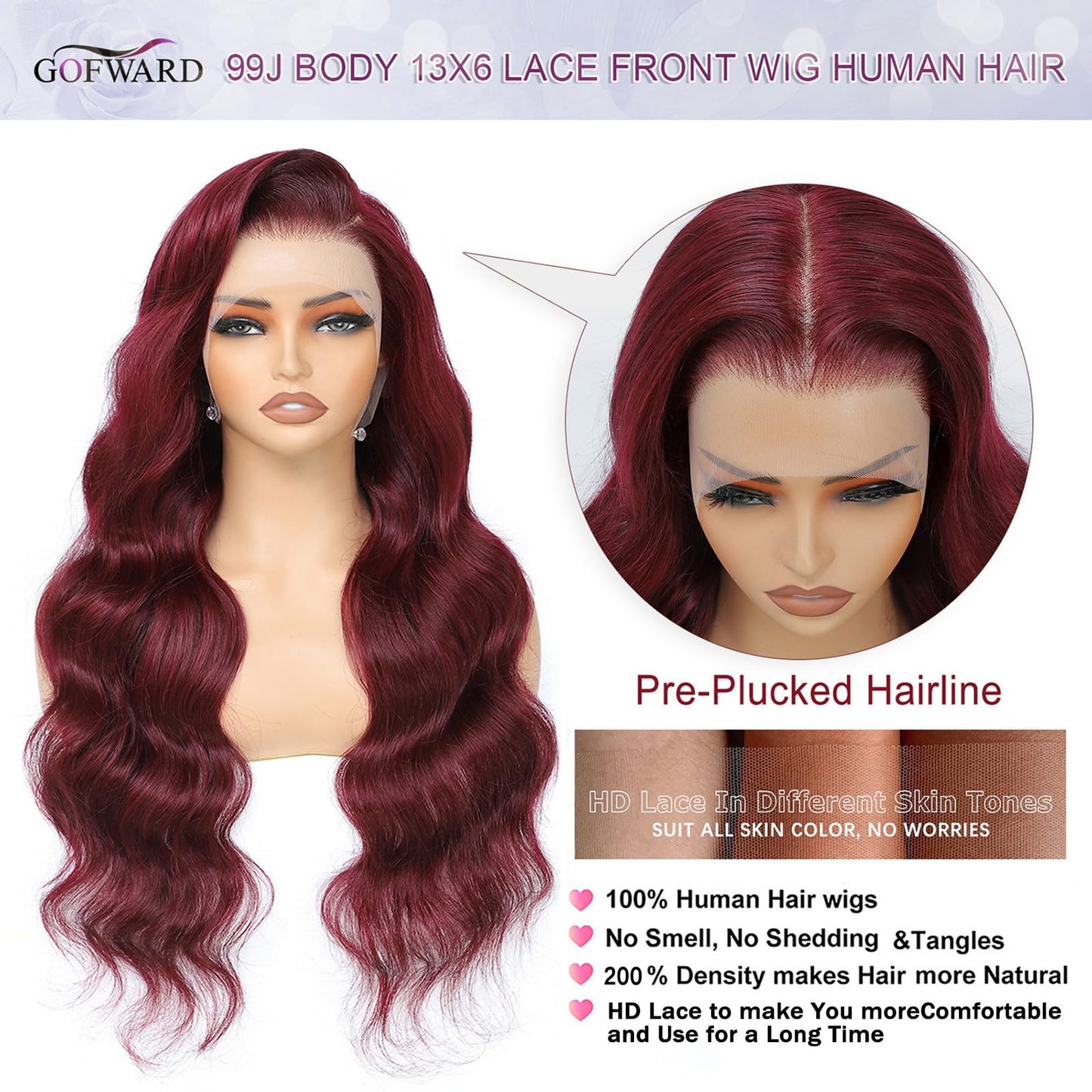 22 Inch 99j Burgundy 13x6 Body Wave Lace Front Wigs Human Hair 200% Density Glueless HD Transparent Lace Frontal Wigs Human Hair Pre Plucked With Baby Hair Burgundy Wine Red Human Hair Wigs For Women