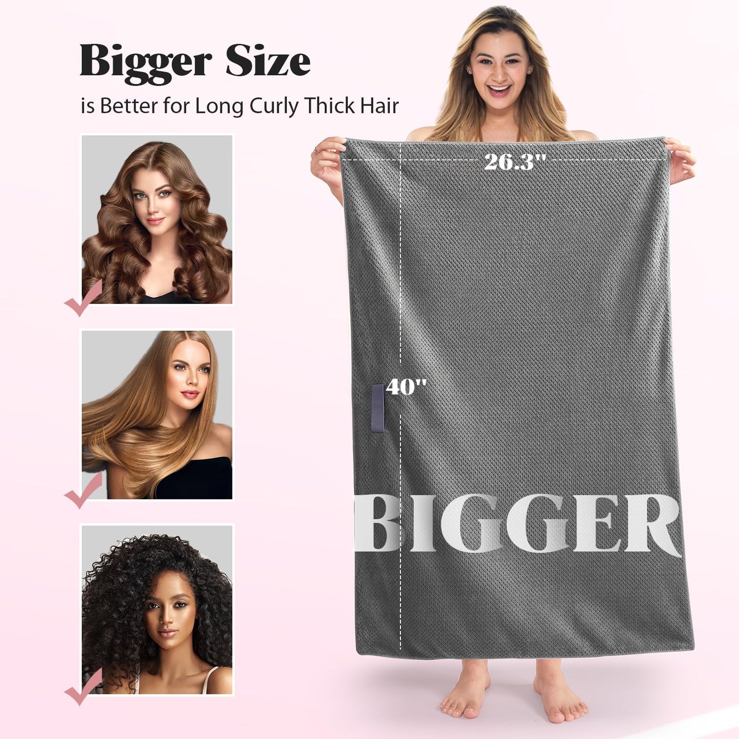 MABAO Microfiber Hair Towel Wrap for Women, Quick Dry Hair Turban Towel with Elastic Band, Microfiber Plopping Towel for Curly Hair, Stocking Stuffers for Women(Gray)