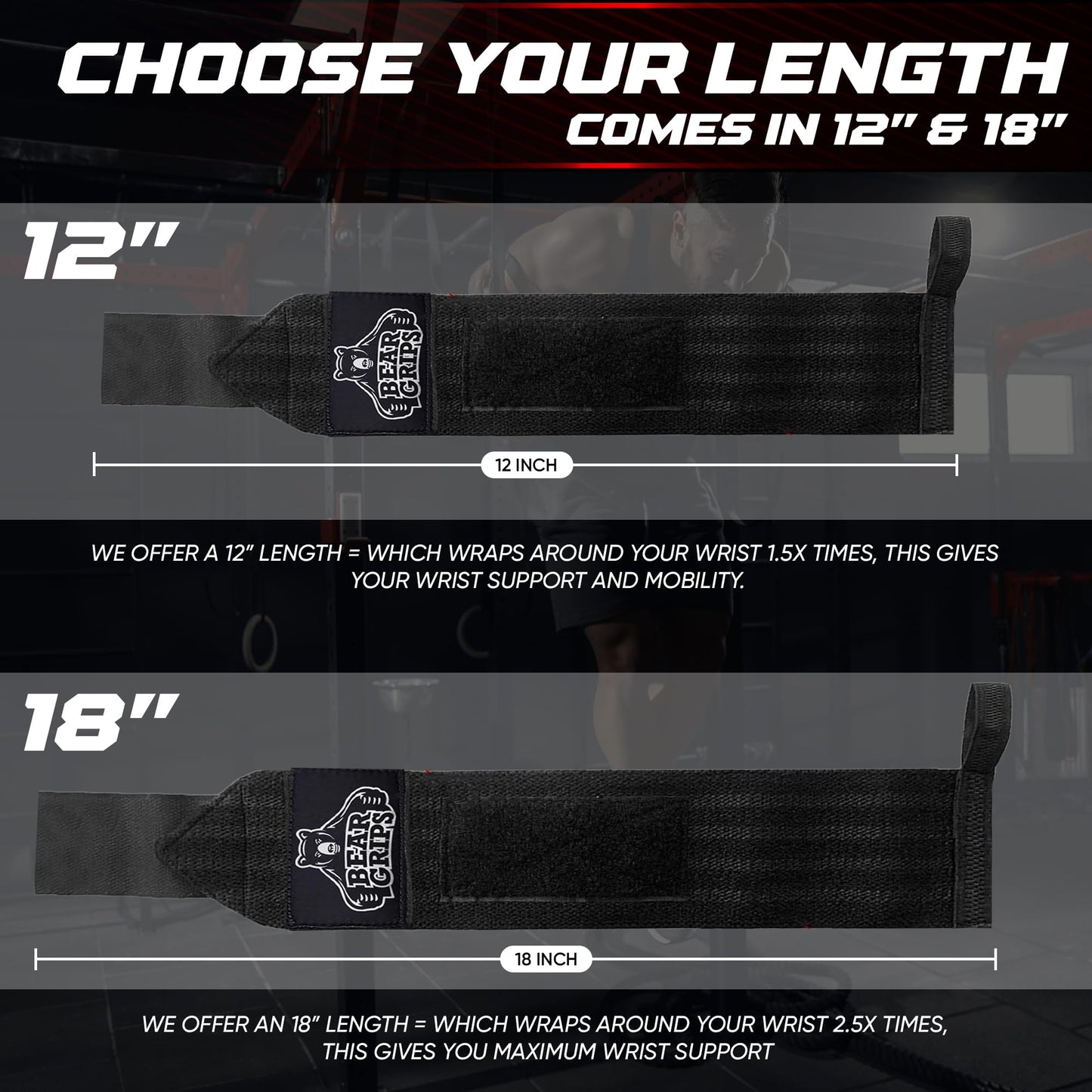 Bear Grips Wrist Wraps for Weightlifting | Weight Lifting Wrist Straps for Weightlifting | Extra Strength Gym Wrist Wraps | Two Wrist Wrap Per Pack | 12β & 18β | Lifting Wrist Wraps for Men & Women