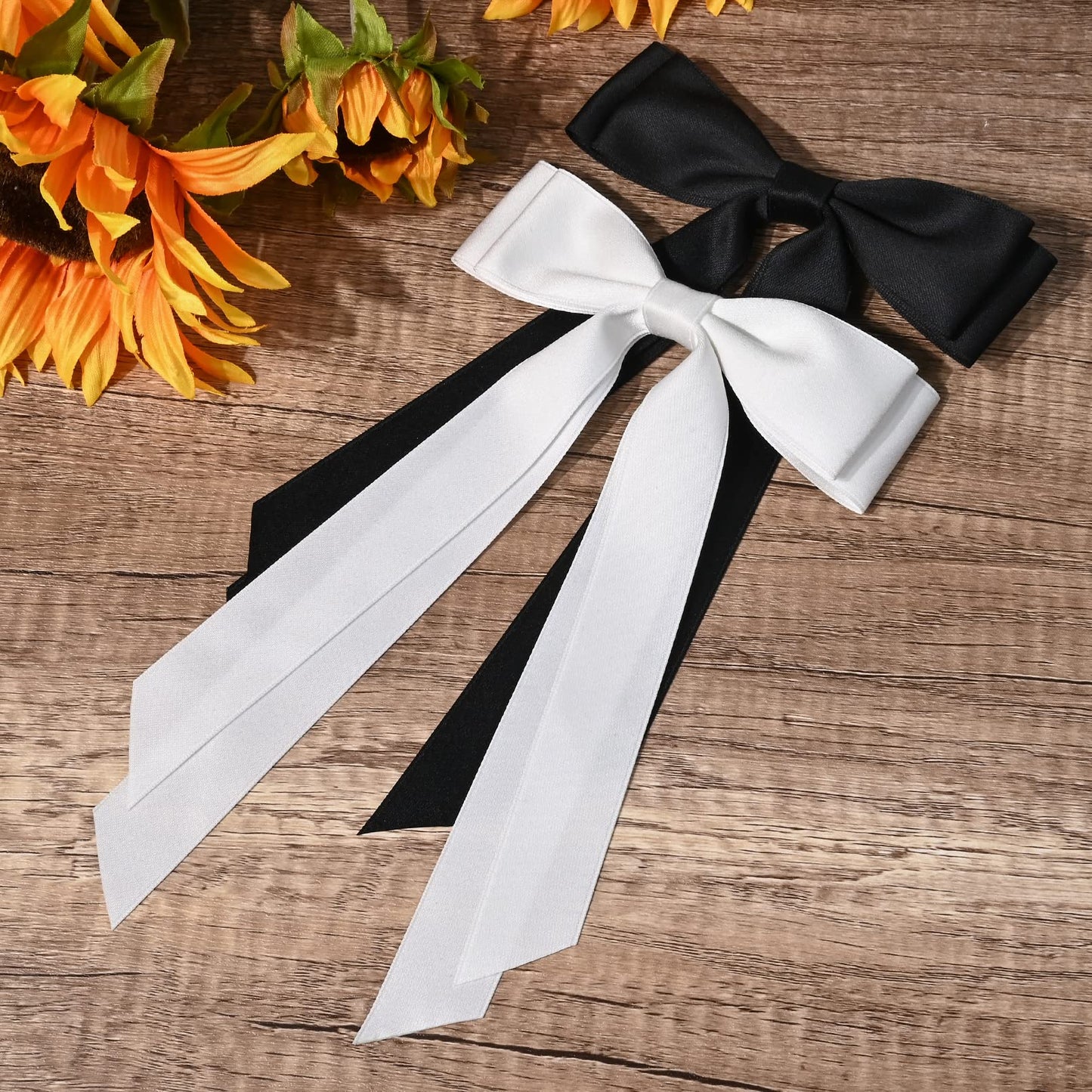 2PCS Silky Satin Hair Bows Hair Clip Black White Hair Ribbon Ponytail Holder Accessories Slides Metal Clips Hair Bow for Women Girls Toddlers Teens Kids