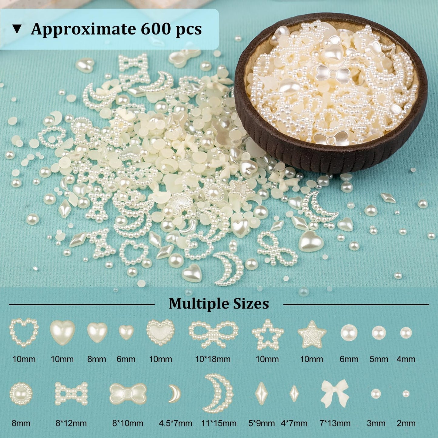 600Pcs 3D Multi Shapes Nail Charms and Flatback Pearls, Beige Mix Styles Heart Star Bow Sunflower Embellishments for Nail Art, Craft and Decoration with Tweezer and Pickup Pencil